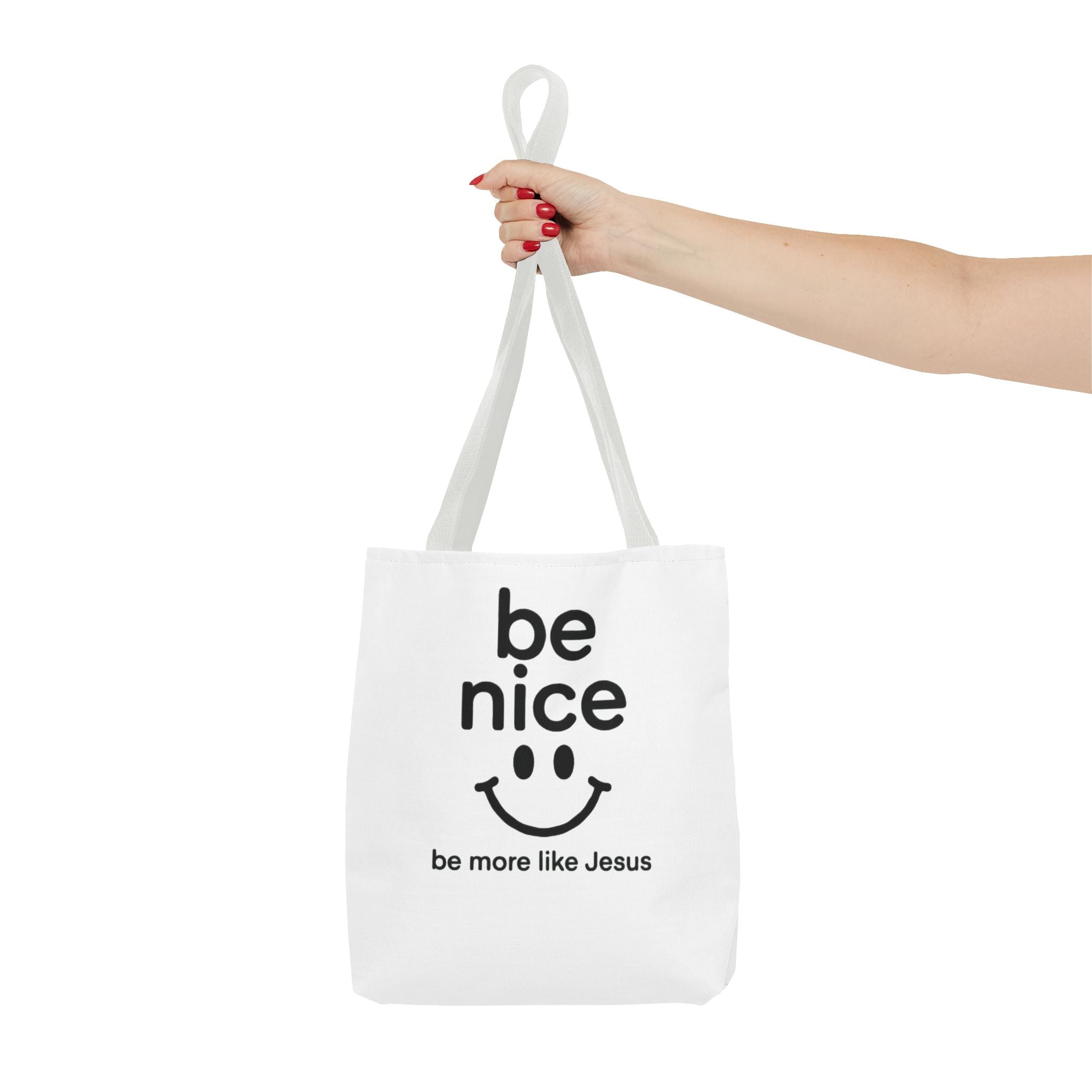 Be Nice Smiley Tote Bag — "be more like Jesus" Inspirational Canvas Tote