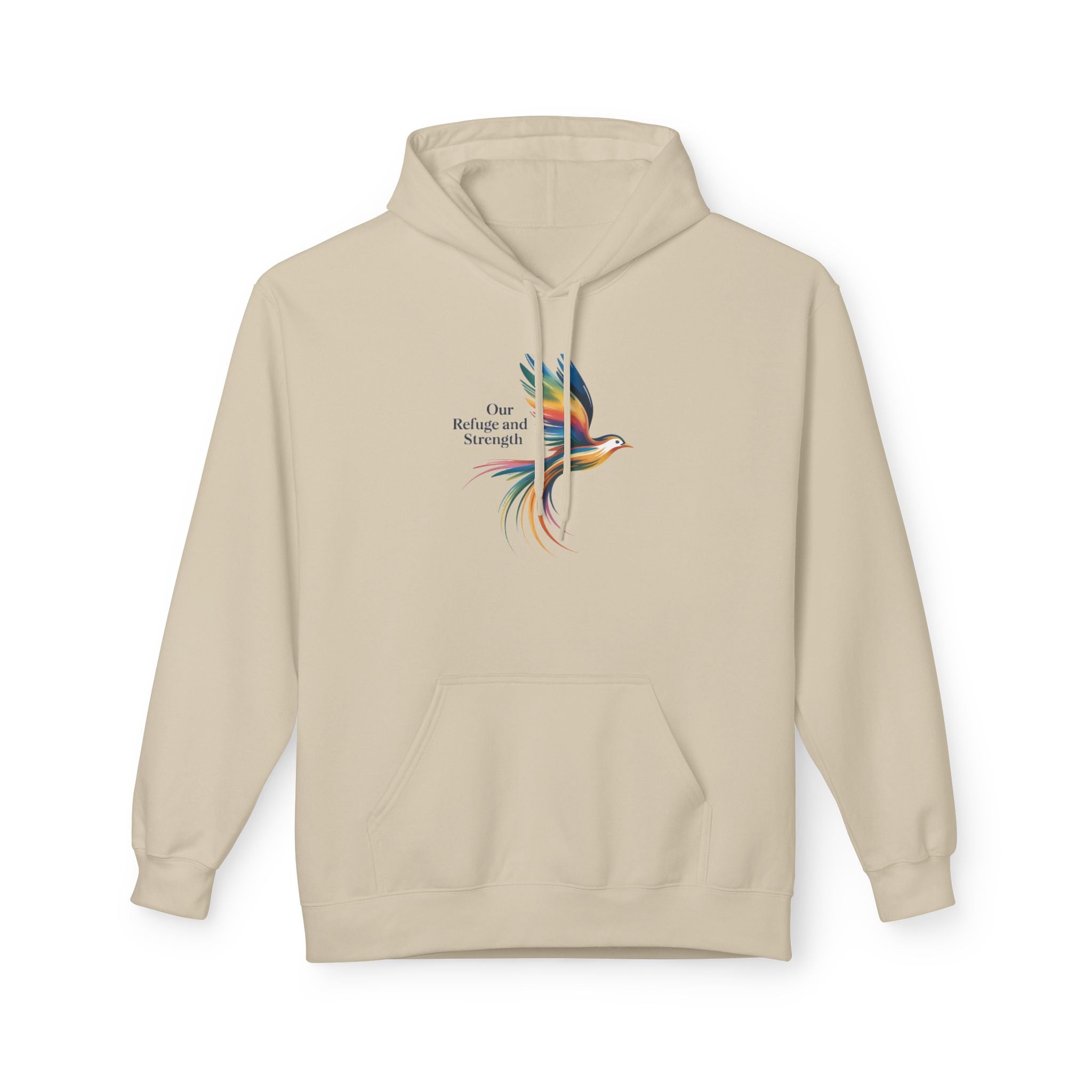Freedom Sparrow Hoodie — Colorful Bird “One Refuge One Strength” Chest Print