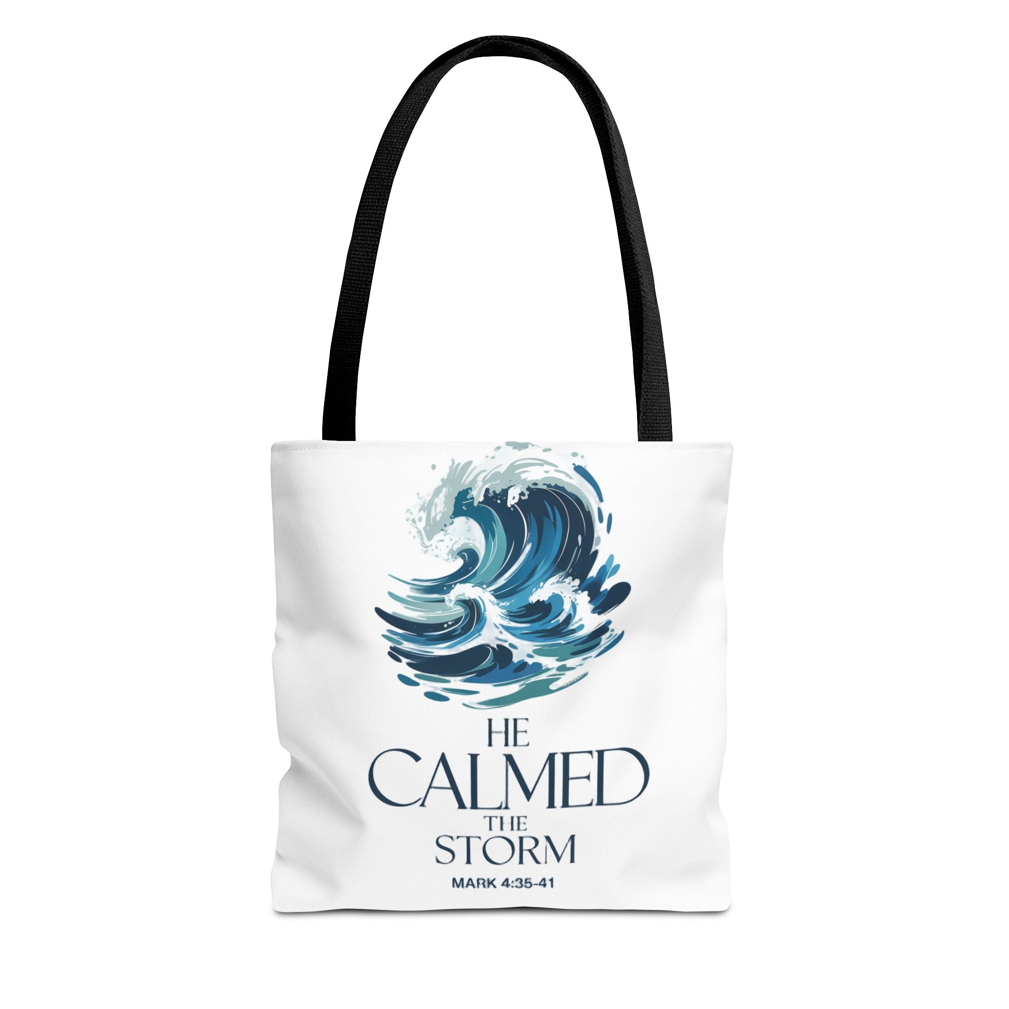 Calmed the Storm Tote Bag — Inspirational Bible Verse Mark 4:39-41 Canvas Tote