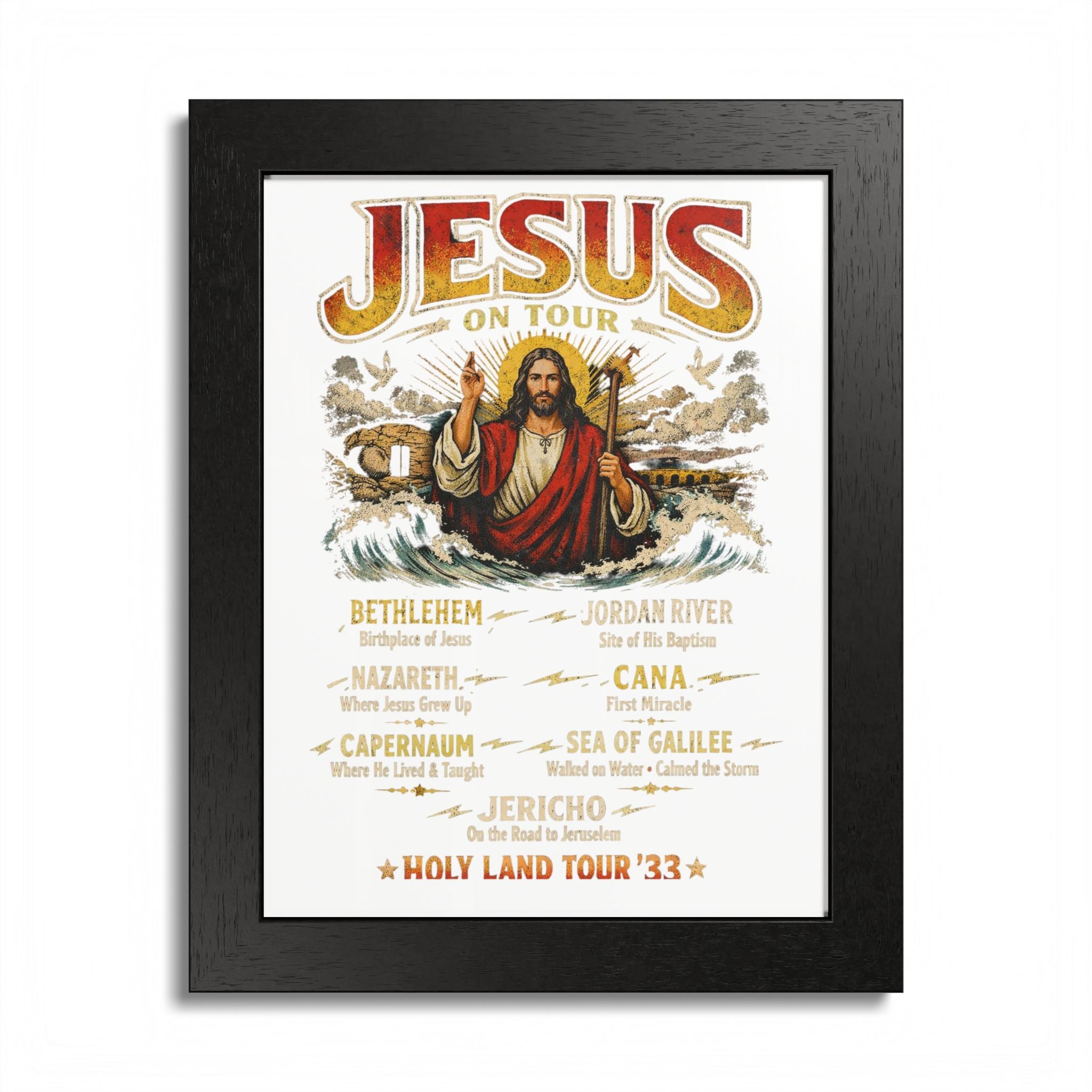 Jesus on Tour Matte Framed Poster — Christian Map Tour Art (Places Jesus Visited)