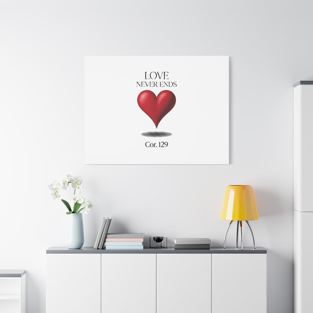 Love Never Ends Canvas Wall Art — Red Heart "Cor. 1:29" Matte Stretched Canvas