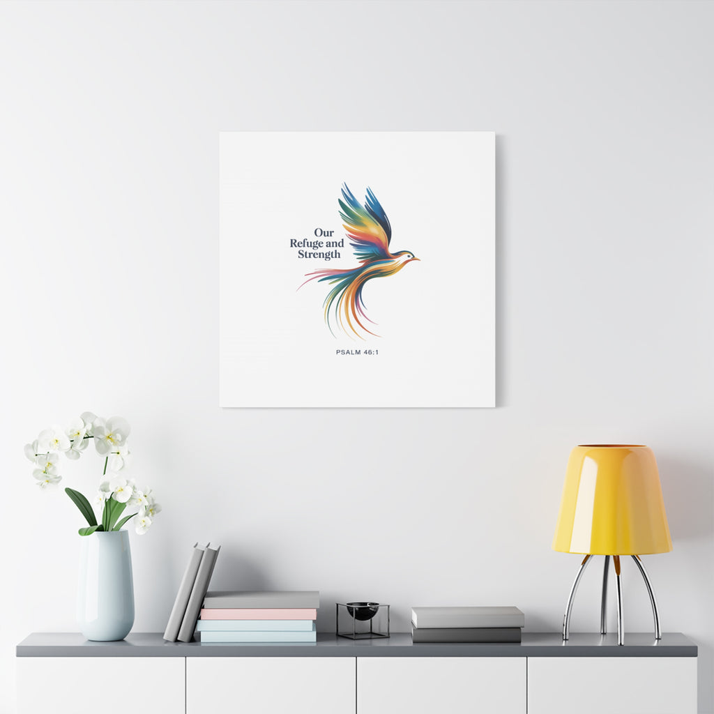 Matte Canvas Bird Wall Art — "Our Refuge & Strength" Psalm Quote