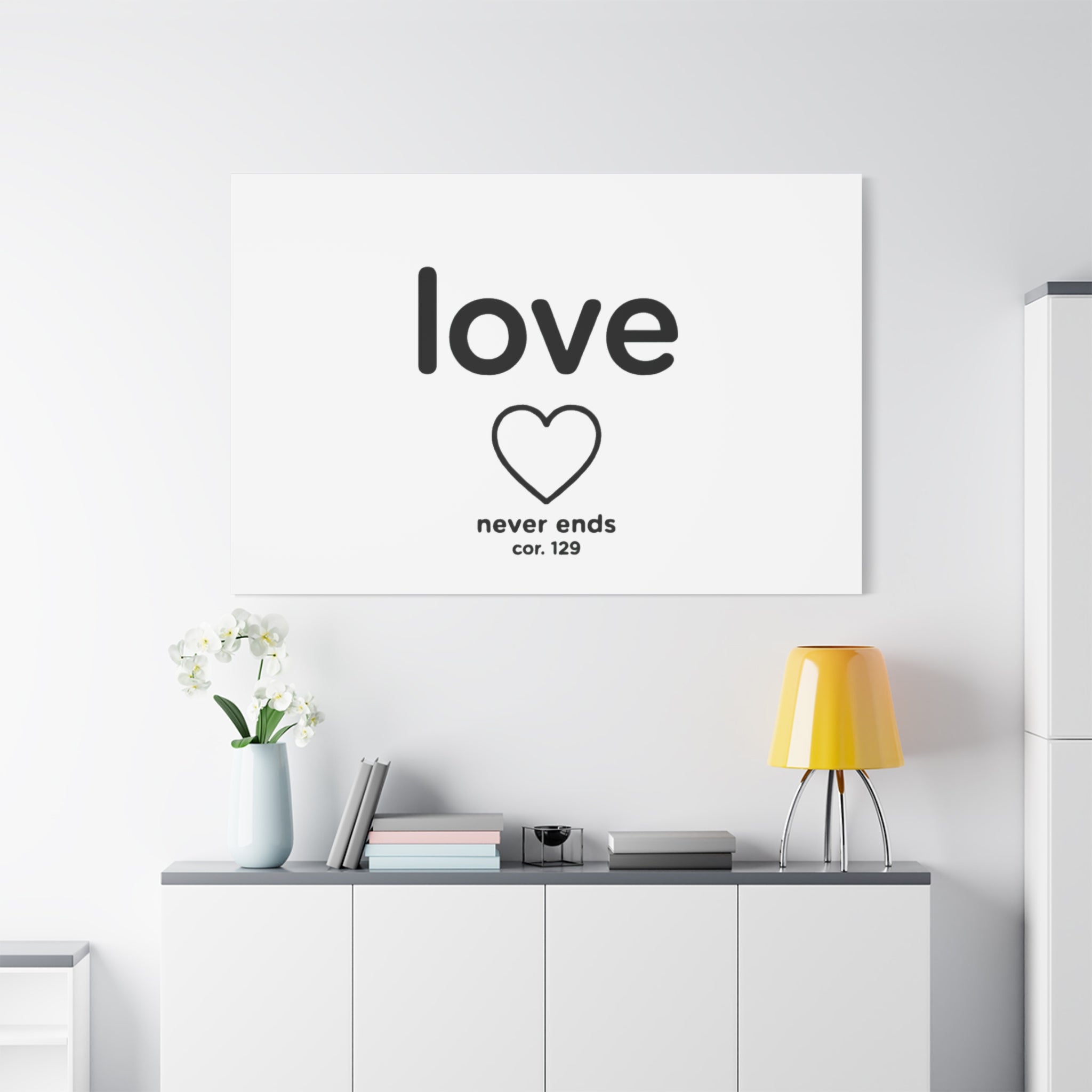 Canvas Wall Art — "love" Heart with "never ends cor. 129" Minimalist Print