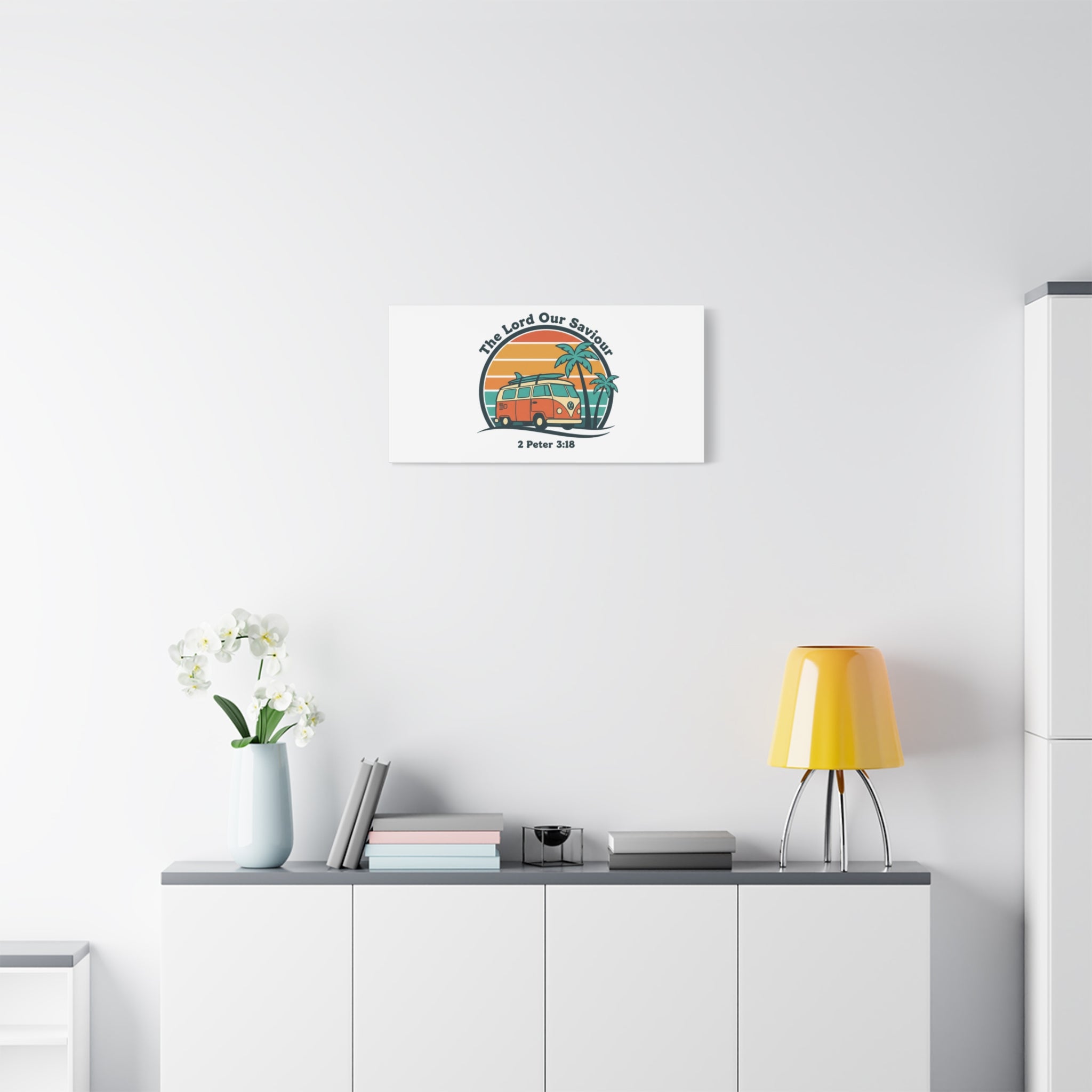The Lord our Saviour, Retro Surf Sunset Canvas | 70s Van Palm Postcard, Analog Sunshine Aesthetic