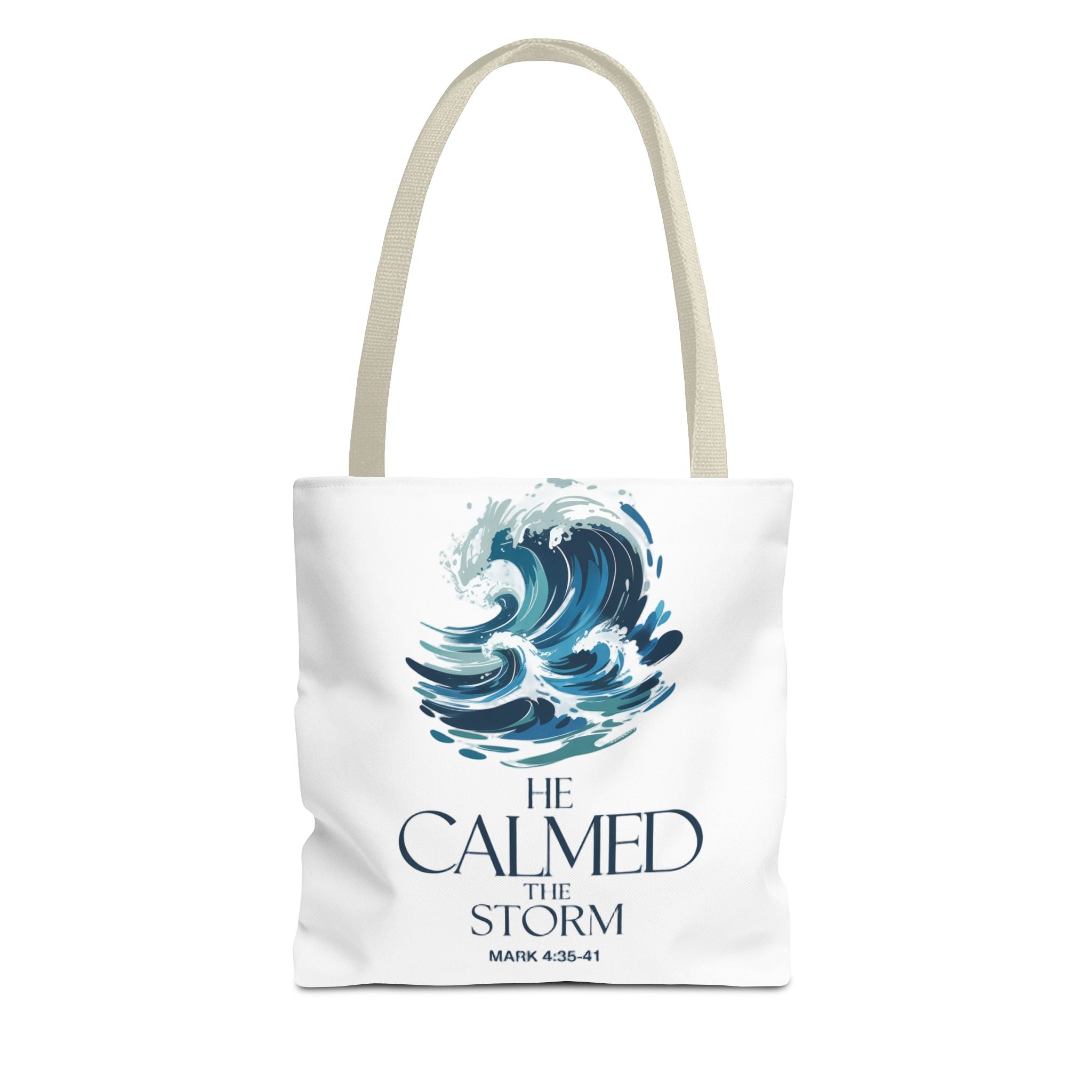Calmed the Storm Tote Bag — Inspirational Bible Verse Mark 4:39-41 Canvas Tote