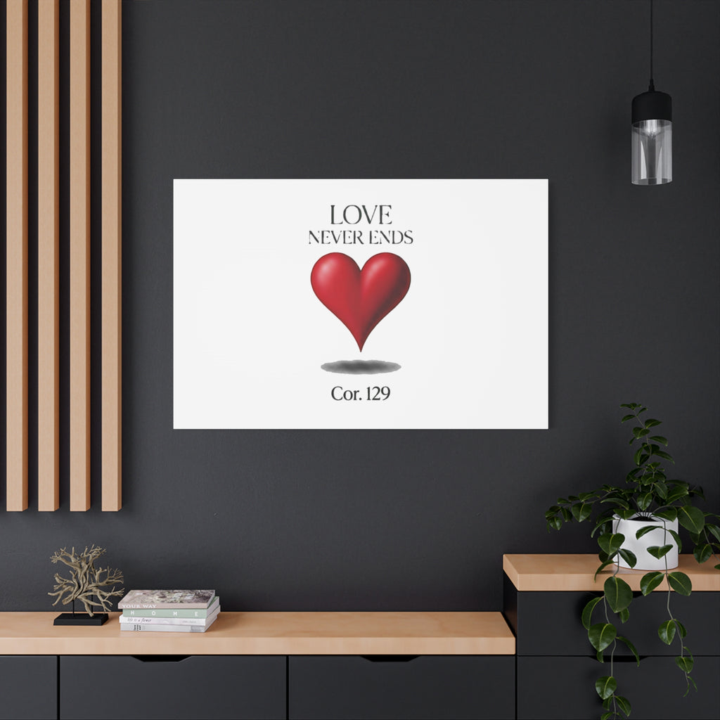 Love Never Ends Canvas Wall Art — Red Heart "Cor. 1:29" Matte Stretched Canvas