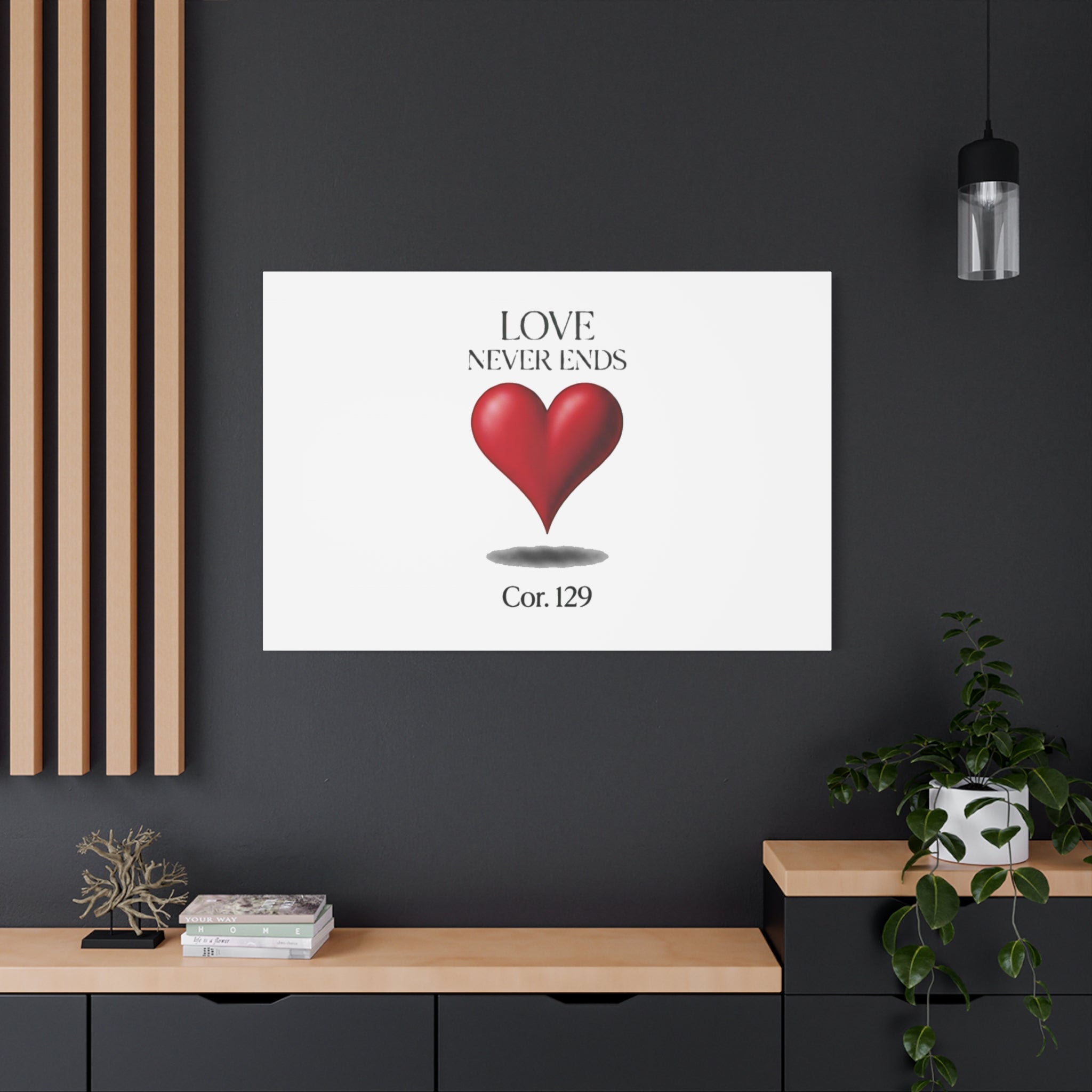 Love Never Ends Canvas Wall Art — Red Heart "Cor. 1:29" Matte Stretched Canvas