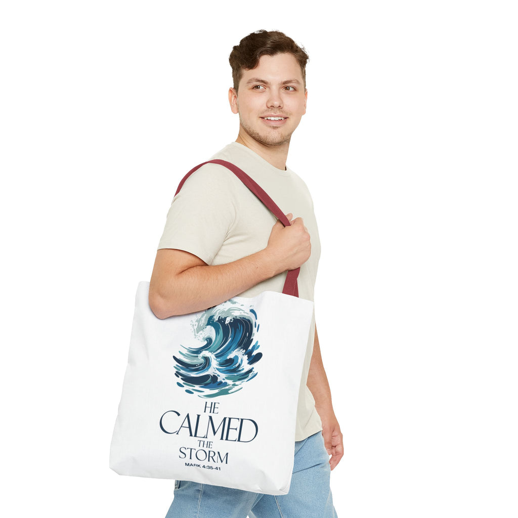 Calmed the Storm Tote Bag — Inspirational Bible Verse Mark 4:39-41 Canvas Tote