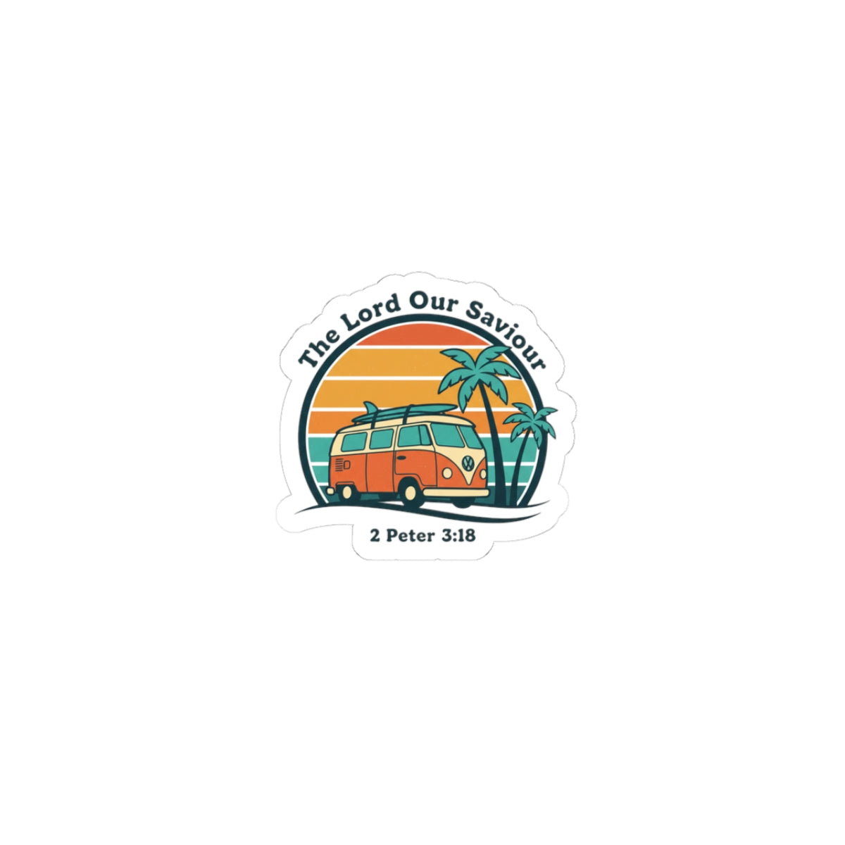 The Lord our Saviour, Vintage VW Camper Sunset Sticker | 70s Retro Palm, Golden Hour Decal