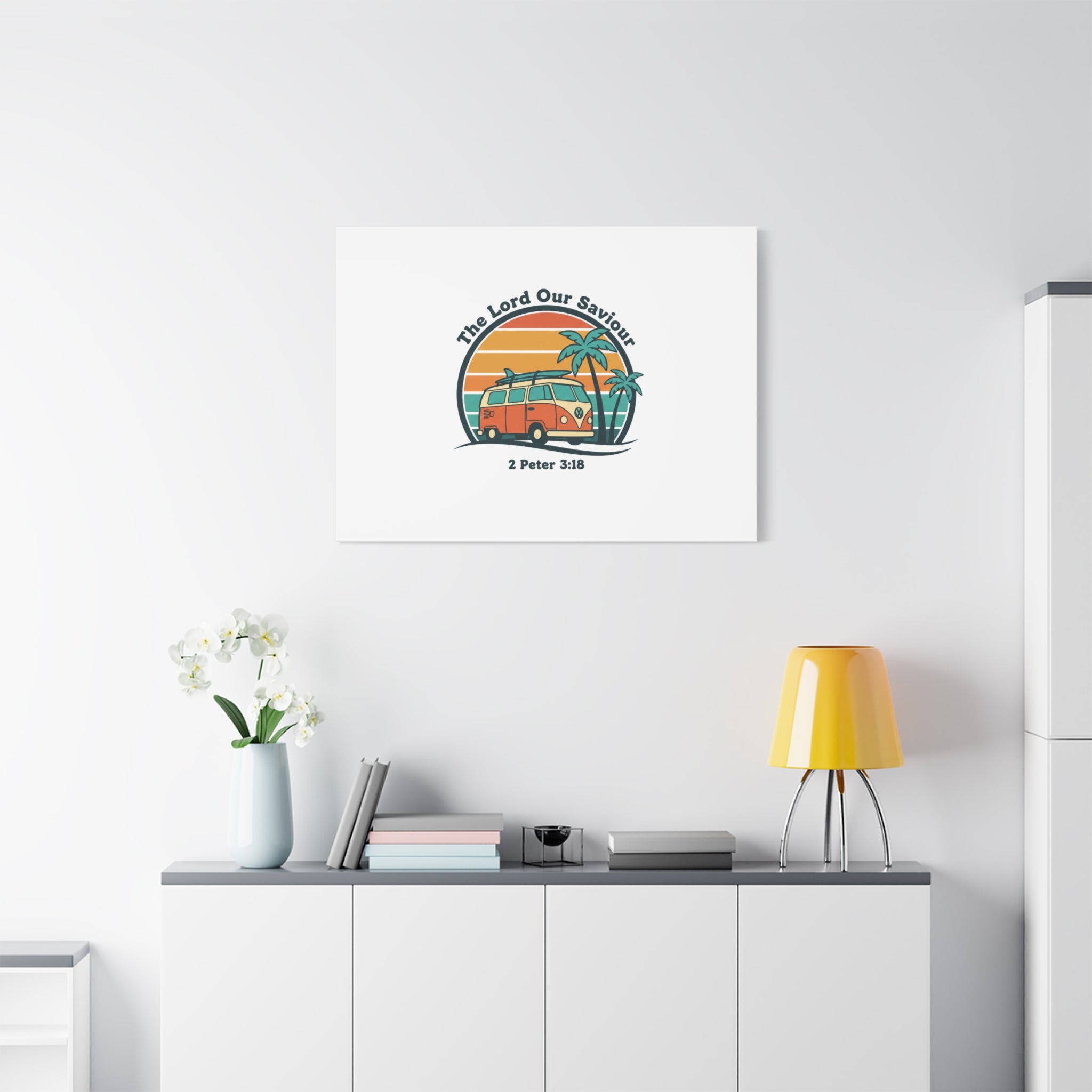 The Lord our Saviour, Retro Surf Sunset Canvas | 70s Van Palm Postcard, Analog Sunshine Aesthetic