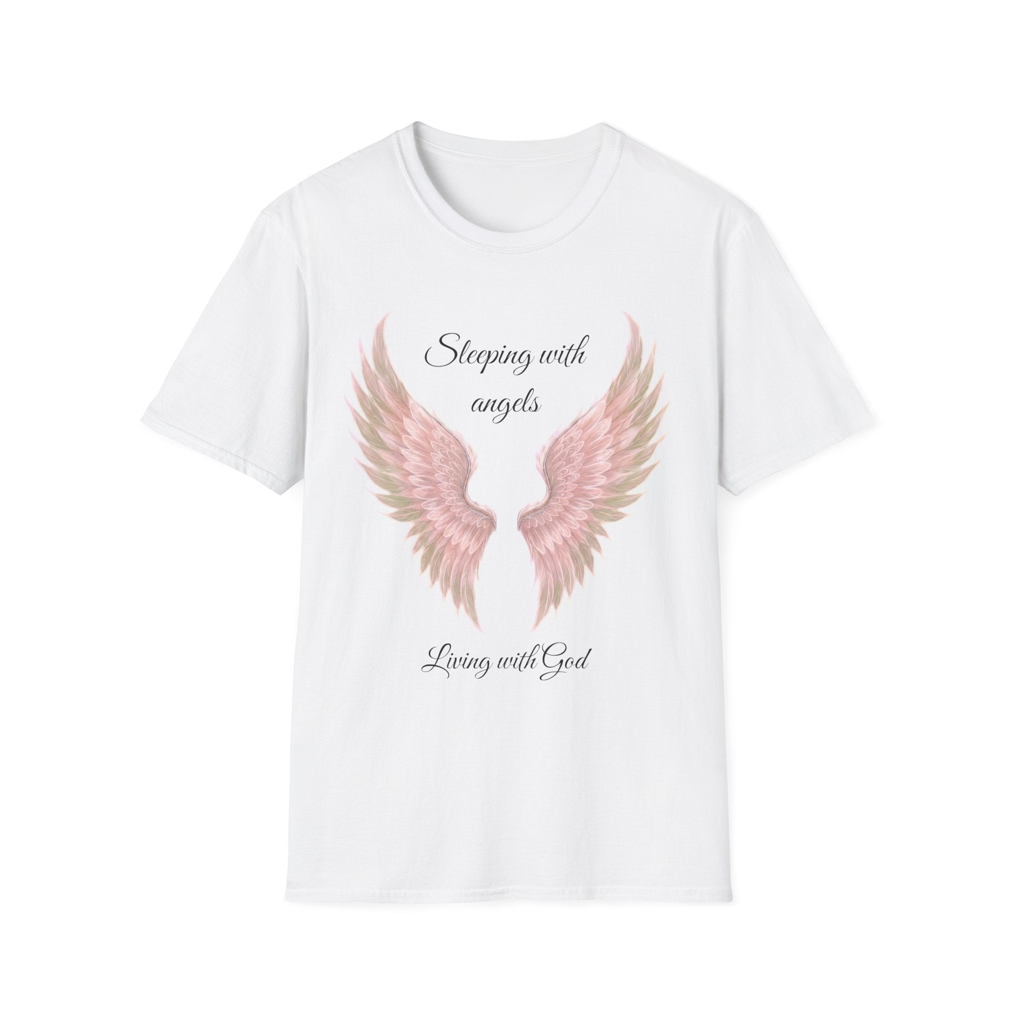 Pink Angel Wings T-Shirt — “Sleeping with angels, living with God.” Christian Faith Tee