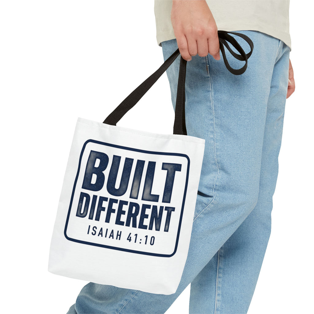 Built Different Tote Bag — Isaiah 41:10 Inspirational Canvas Tote