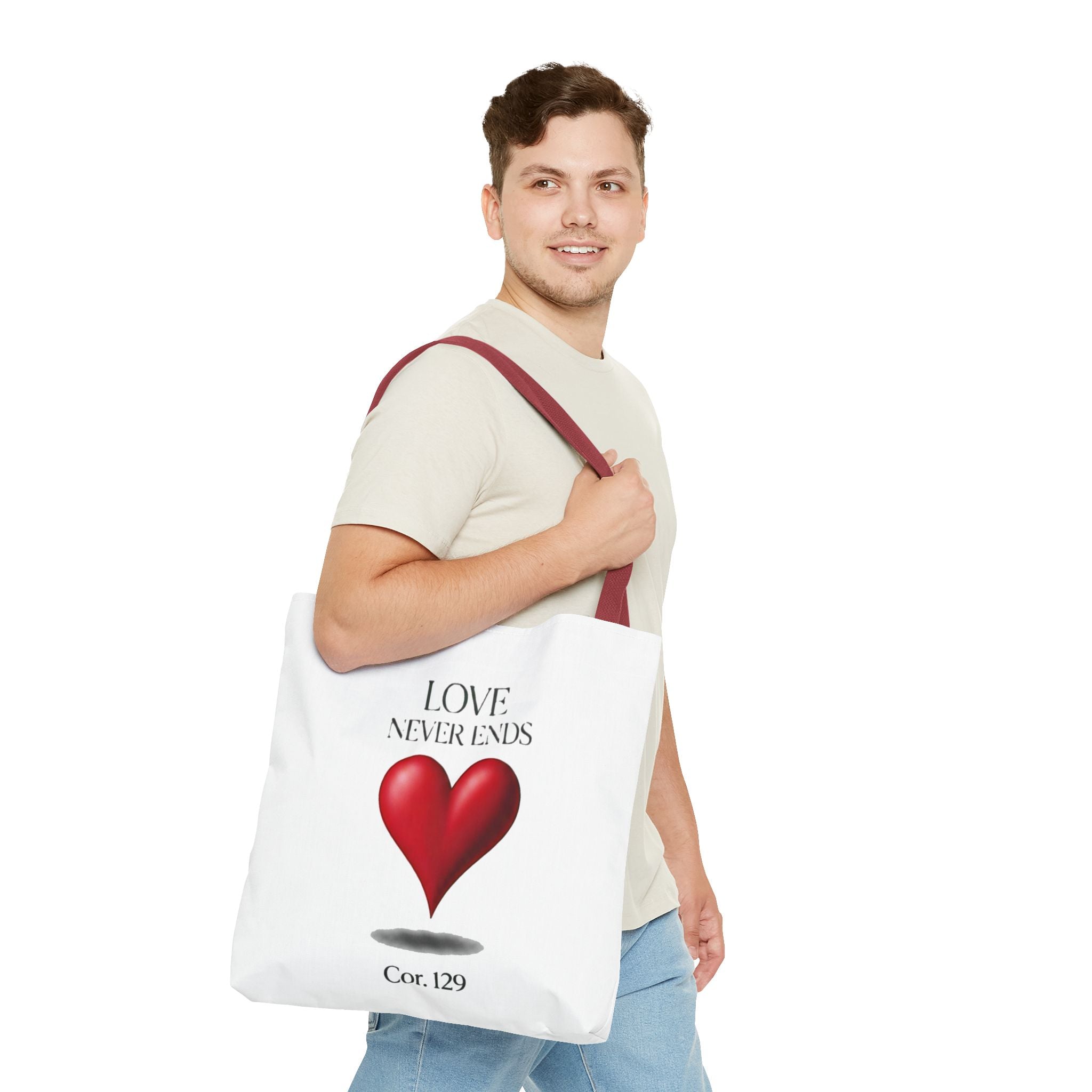 Tote Bag — “Love Never Ends” Heart Tote (Cor. 1:29)