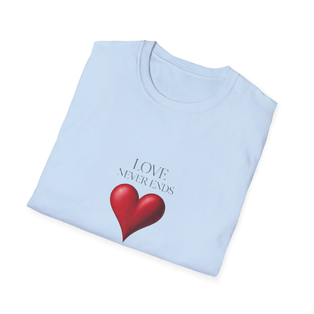 T-Shirt "Love Never Ends" -  Red Heart Graphic Bible Quote Tee