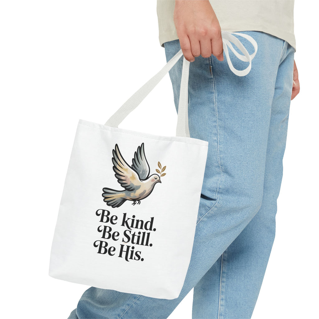Inspirational Dove Tote Bag — "Be kind. Be still. Be His." Faith Prayer Canvas Tote