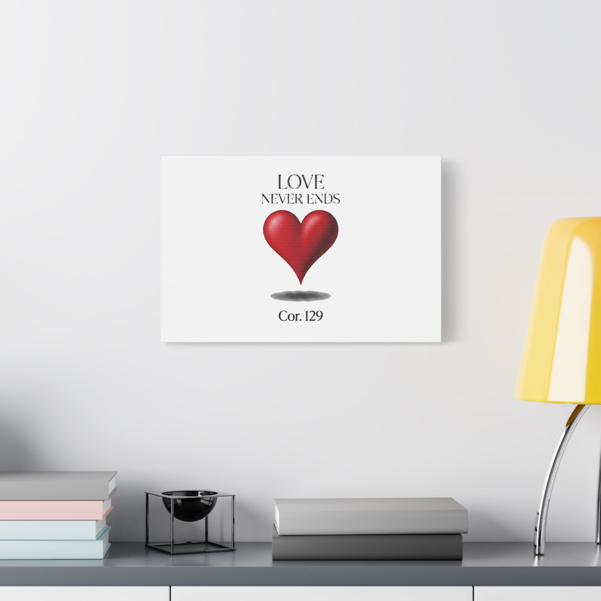 Love Never Ends Canvas Wall Art — Red Heart "Cor. 1:29" Matte Stretched Canvas