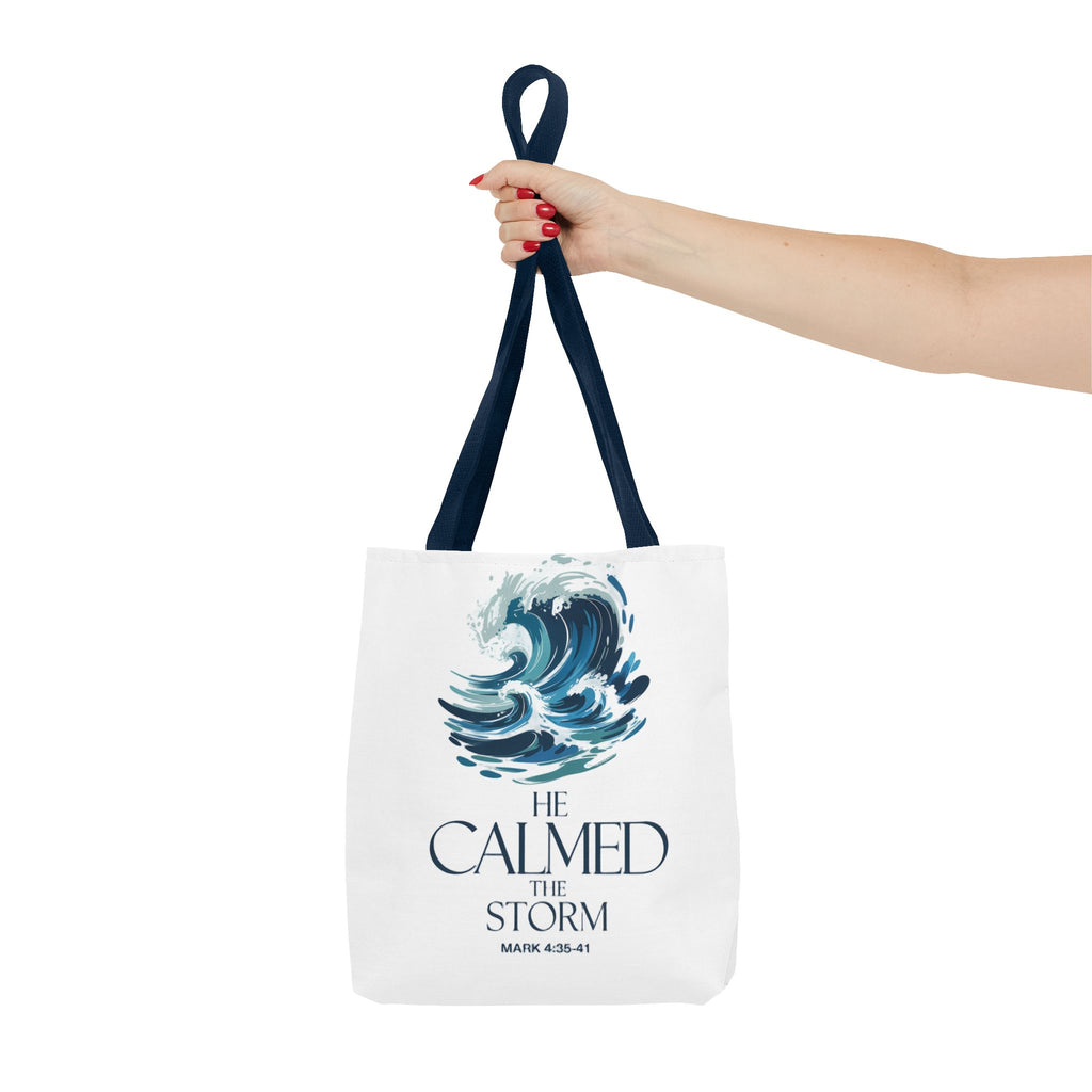 Calmed the Storm Tote Bag — Inspirational Bible Verse Mark 4:39-41 Canvas Tote