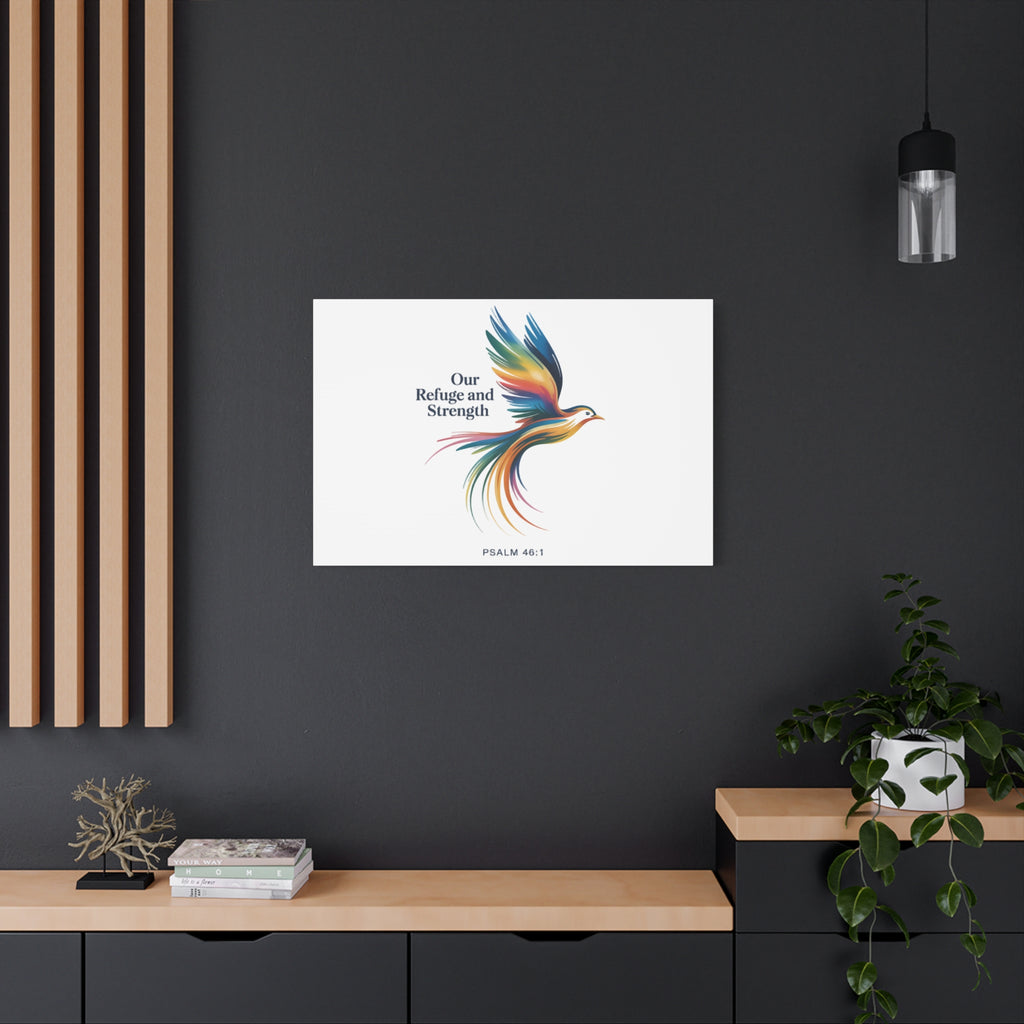 Matte Canvas Bird Wall Art — "Our Refuge & Strength" Psalm Quote