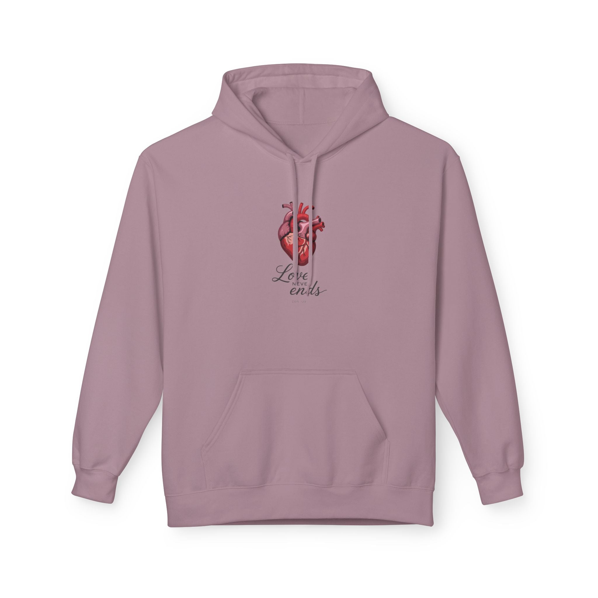 Love Never Ends Hoodie — Realistic Heart Christian Sweatshirt