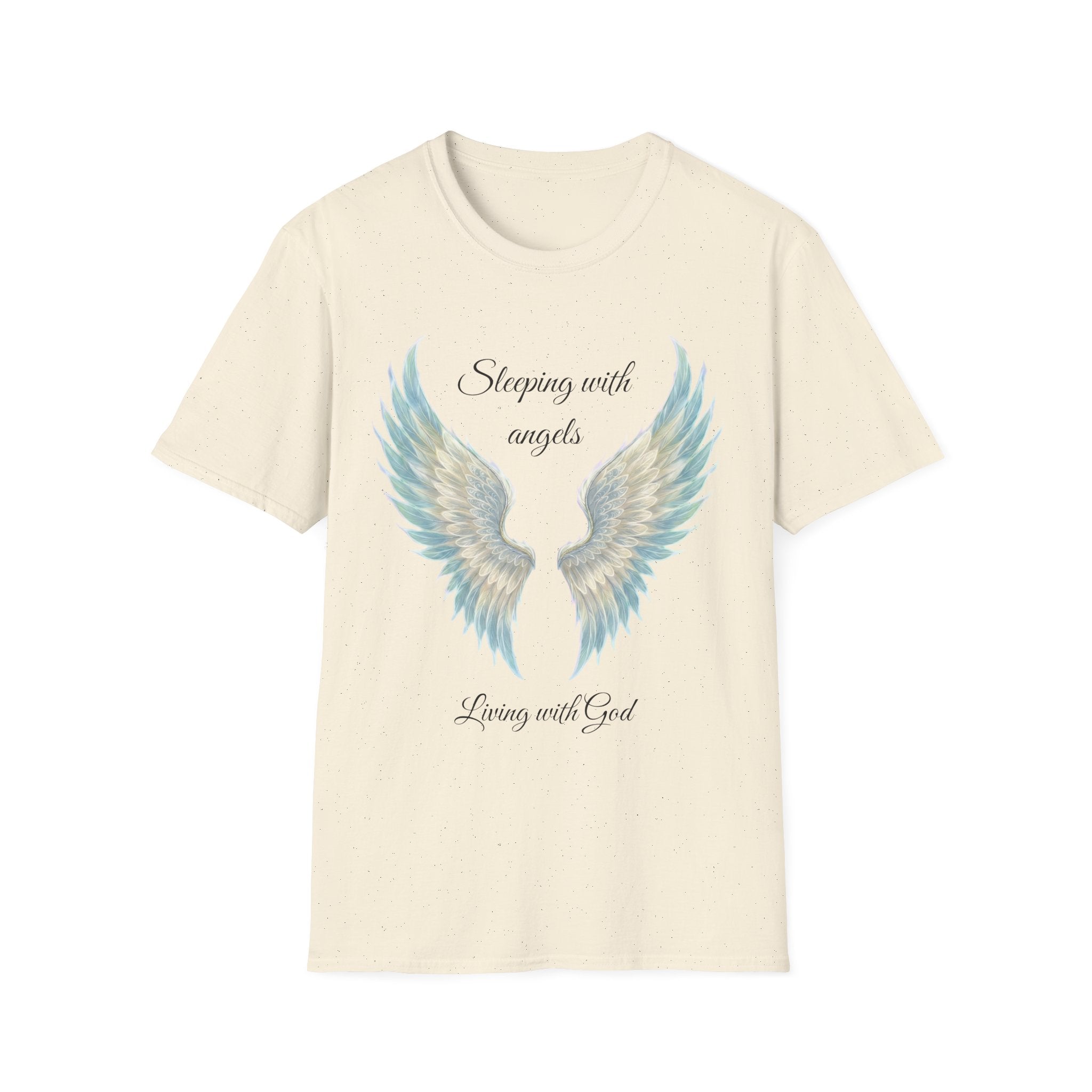 Blue Angel Wings T-Shirt — “Sleeping with angels, living with God.” Christian Faith Tee