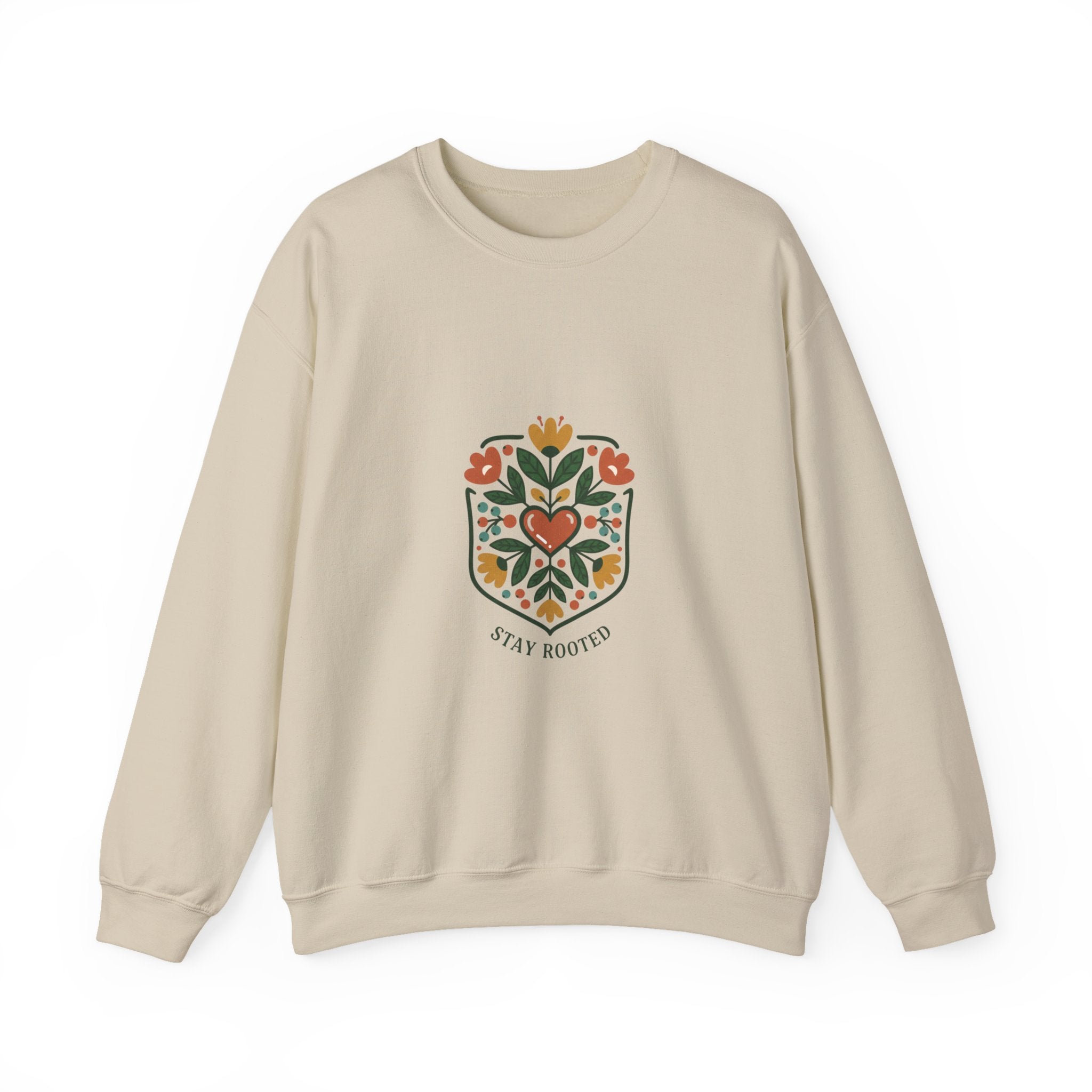 Stay Rooted Folk Botanical Sweatshirt | hand-drawn folk art print, embroidery style