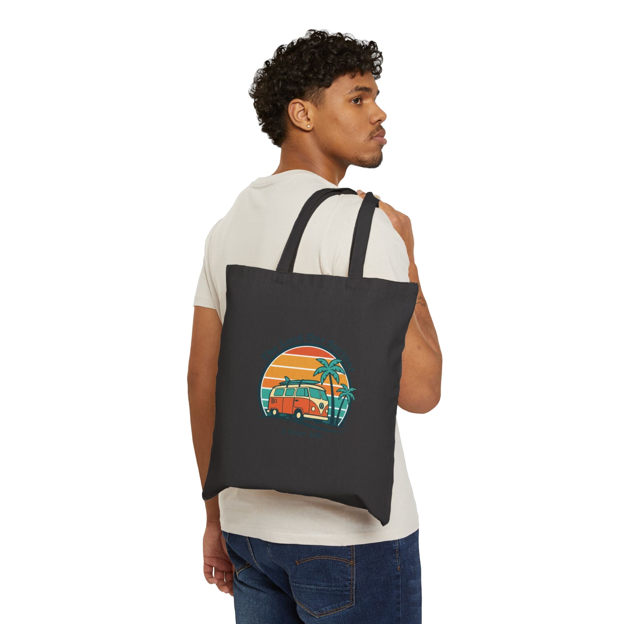 The Lord our Saviour, Retro 70s Sunset Surf Tote, Vintage Palm Golden Hour Canvas