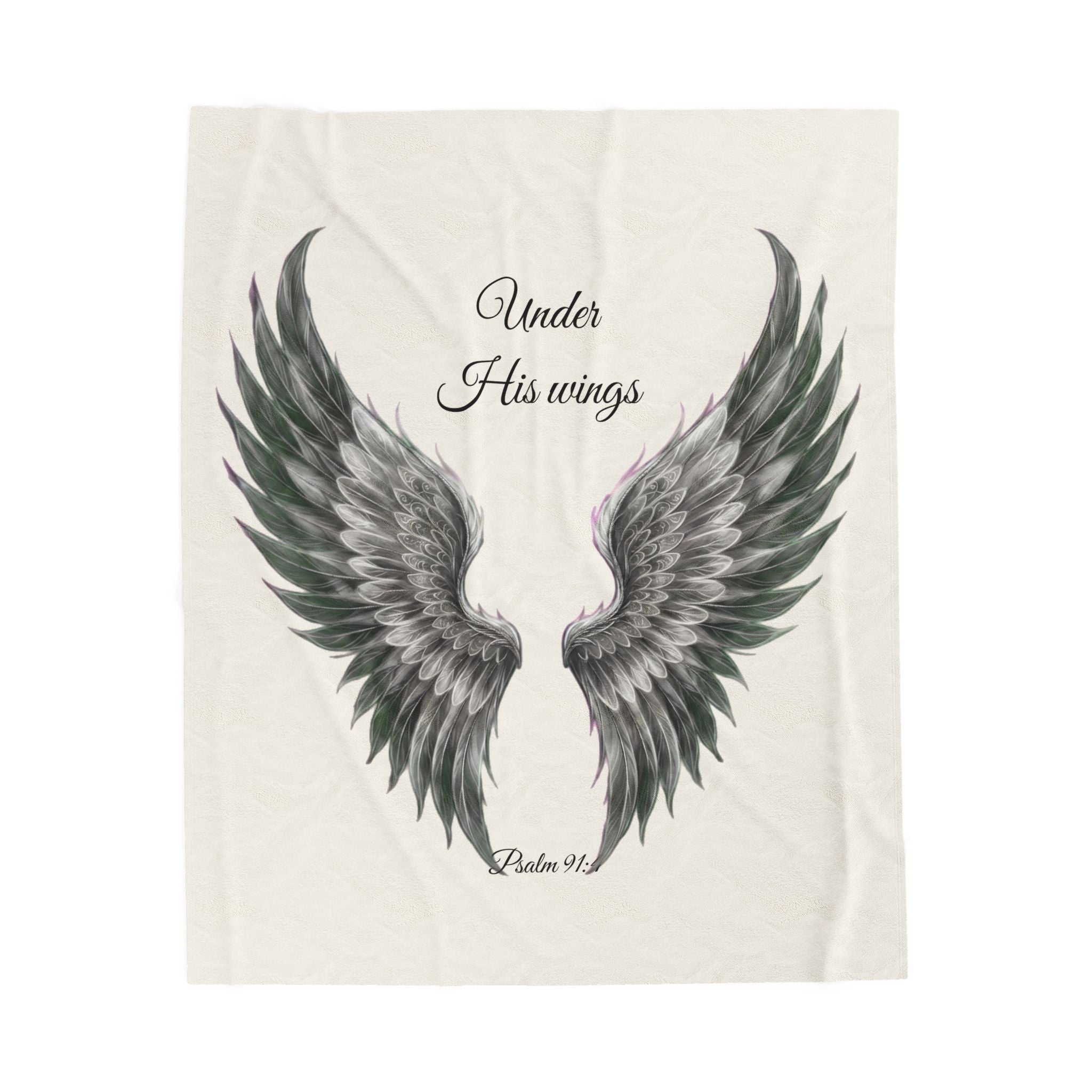 Velveteen Plush Blanket, Black Wings - "Under His Wings" Psalm 91:4 Christian Throw