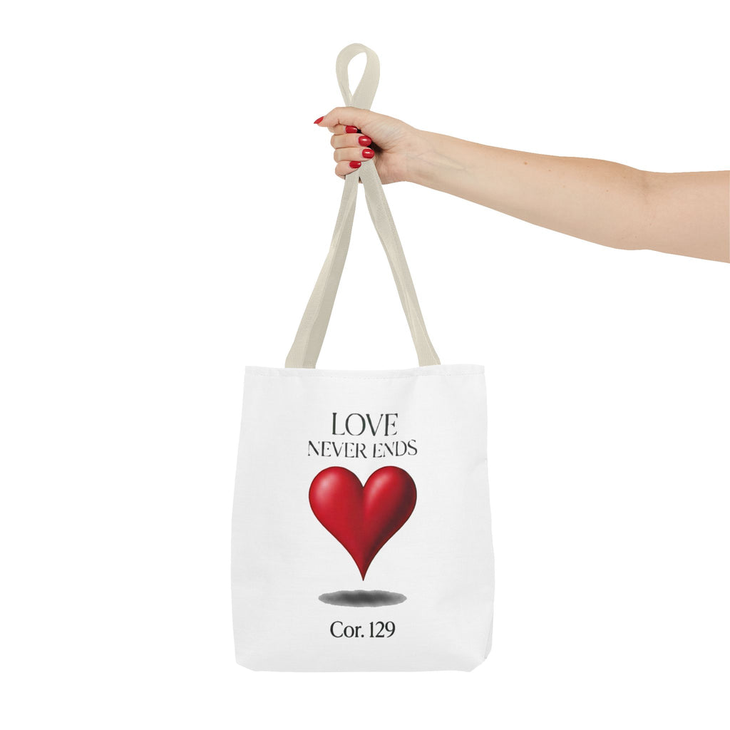 Tote Bag — “Love Never Ends” Heart Tote (Cor. 1:29)