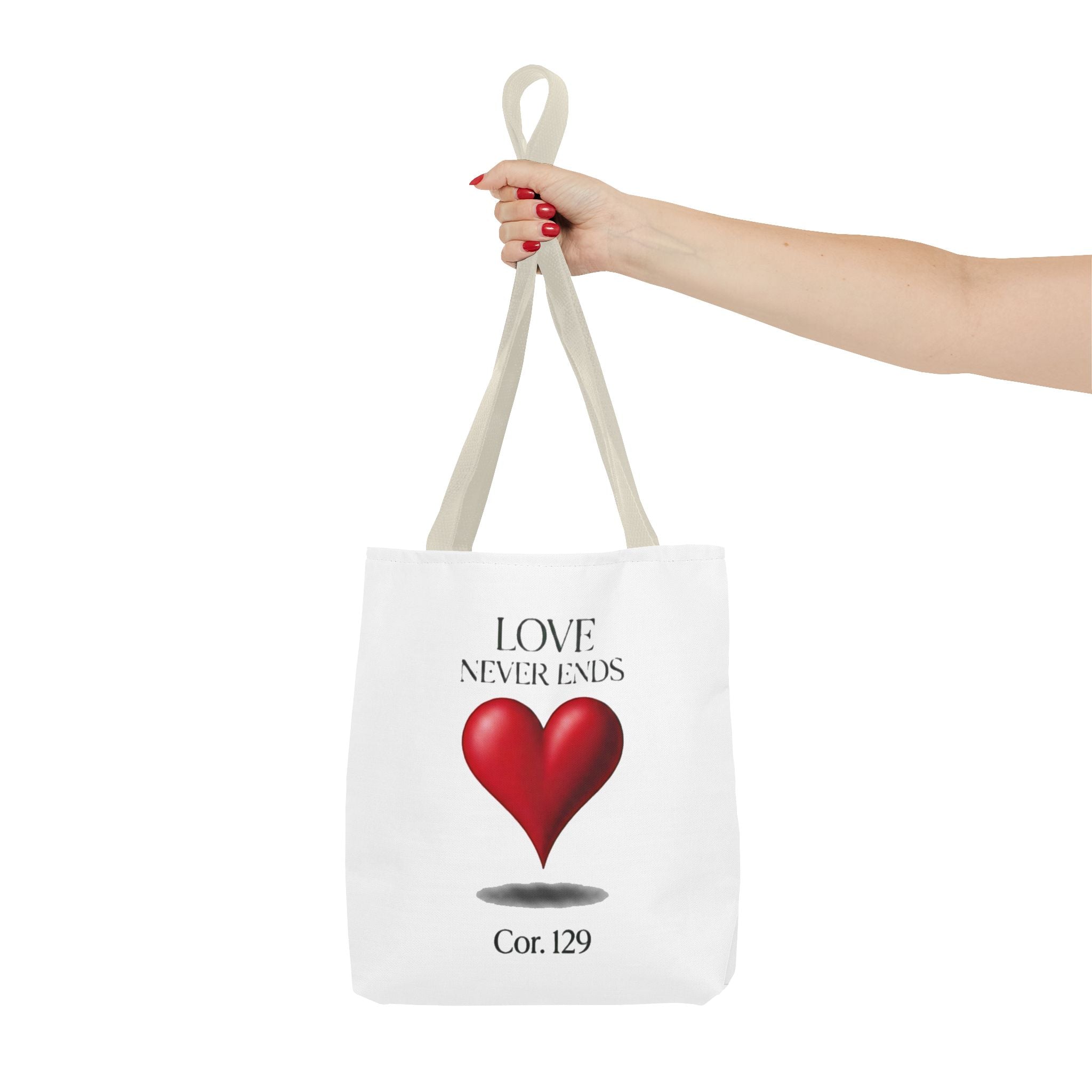 Tote Bag — “Love Never Ends” Heart Tote (Cor. 1:29)