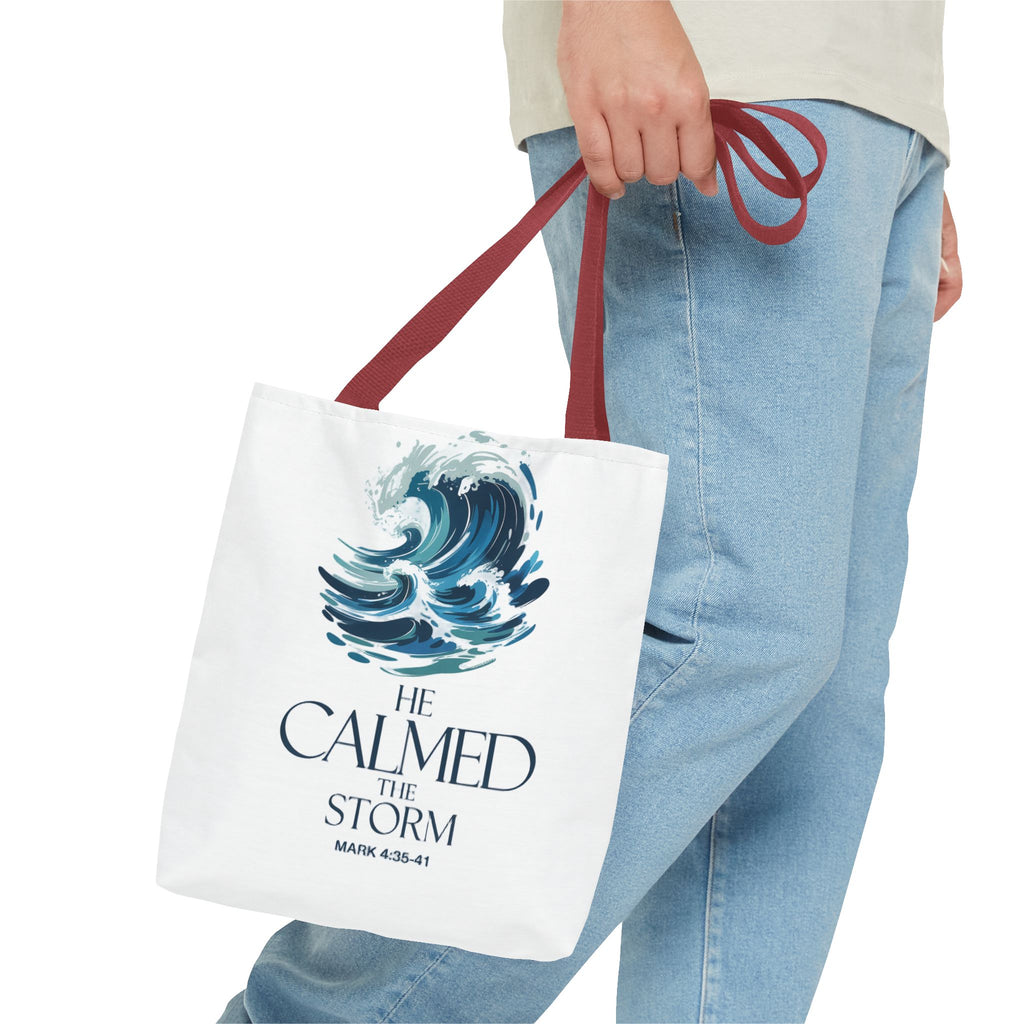 Calmed the Storm Tote Bag — Inspirational Bible Verse Mark 4:39-41 Canvas Tote