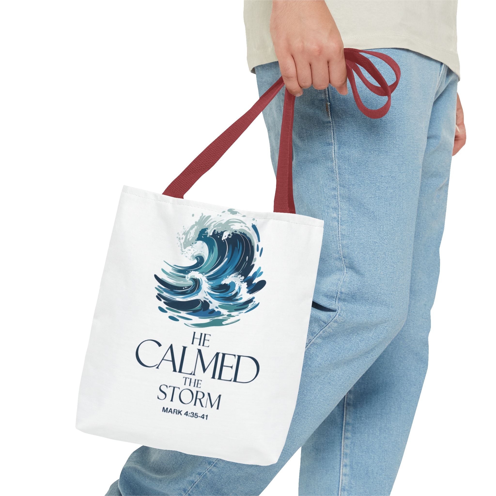 Calmed the Storm Tote Bag — Inspirational Bible Verse Mark 4:39-41 Canvas Tote