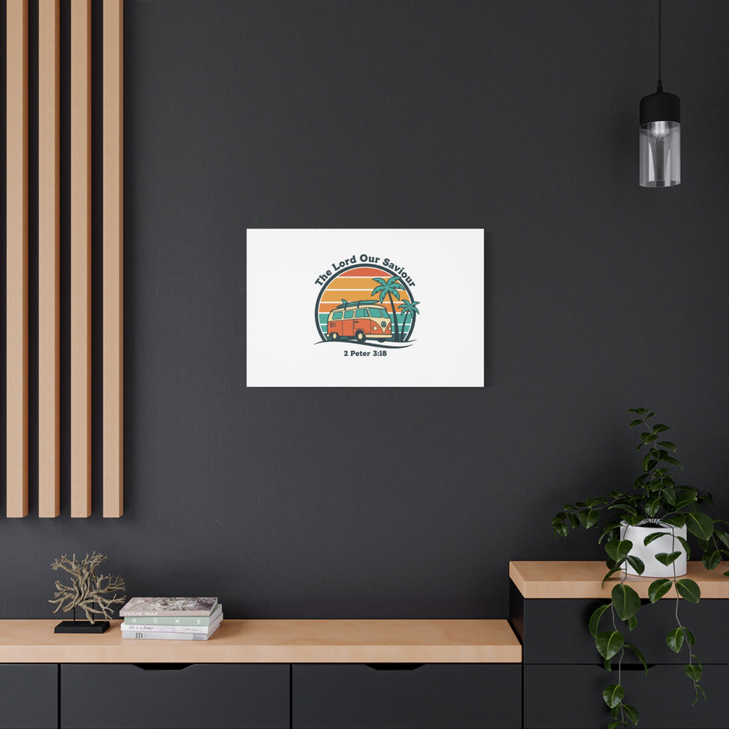 The Lord our Saviour, Retro Surf Sunset Canvas | 70s Van Palm Postcard, Analog Sunshine Aesthetic