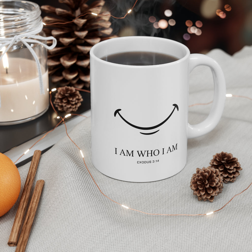 I Am Who I Am Scripture Mug — 11oz White Ceramic Faith Coffee Cup