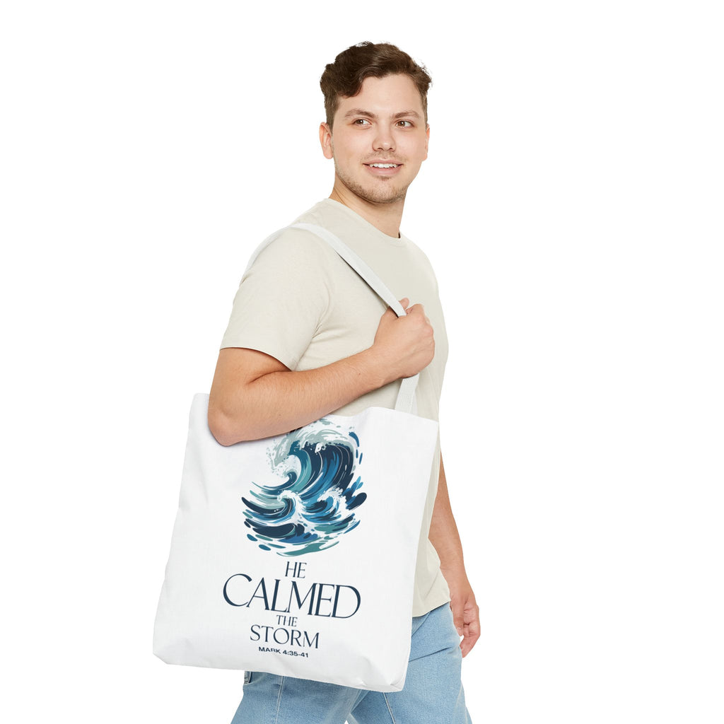 Calmed the Storm Tote Bag — Inspirational Bible Verse Mark 4:39-41 Canvas Tote
