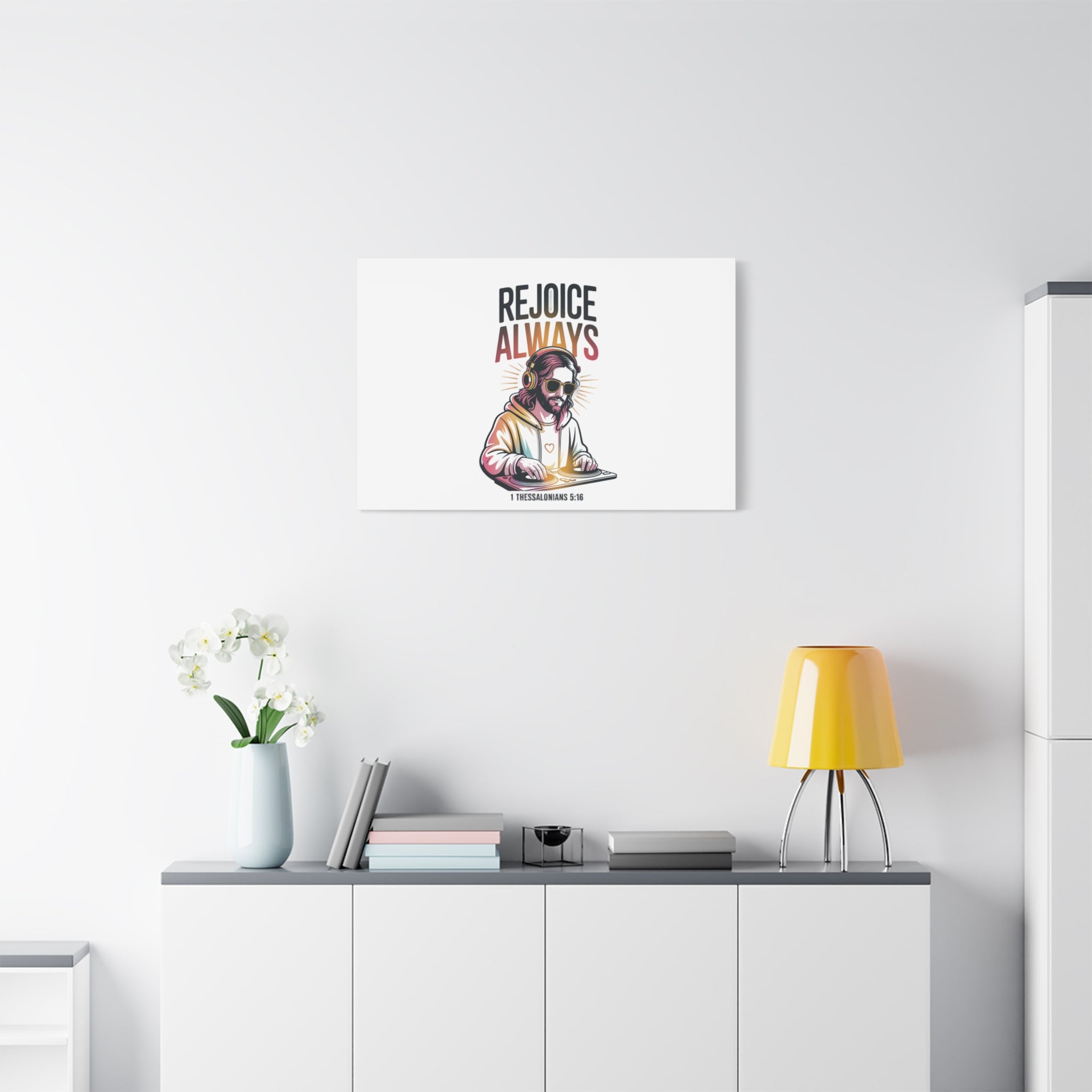 Rejoice Always Canvas Wall Art — Modern Jesus Illustration (1 Thessalonians 5:16)