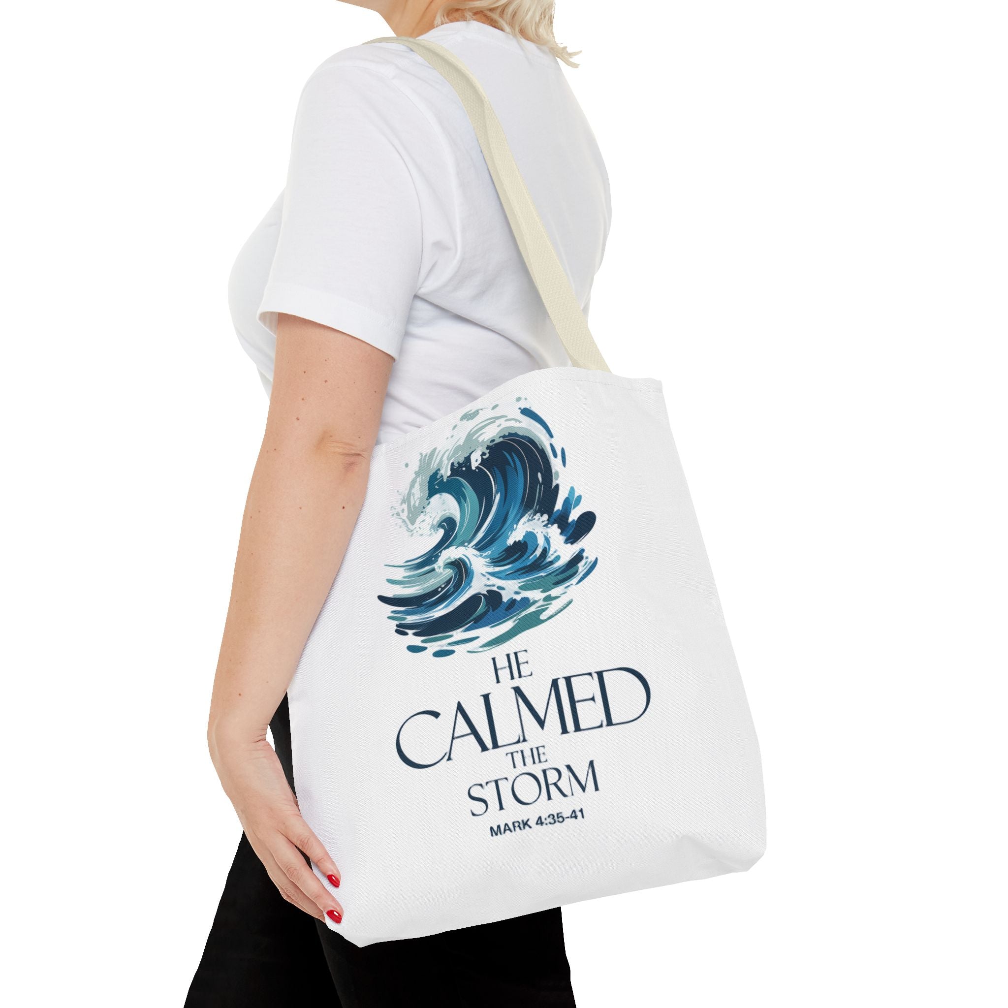 Calmed the Storm Tote Bag — Inspirational Bible Verse Mark 4:39-41 Canvas Tote