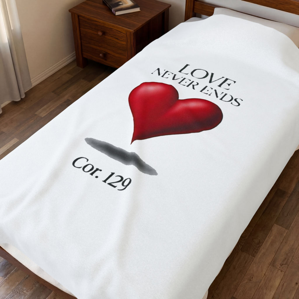 Velveteen Plush Blanket — "Love Never Ends" Heart Design (1 Cor. 13:9)
