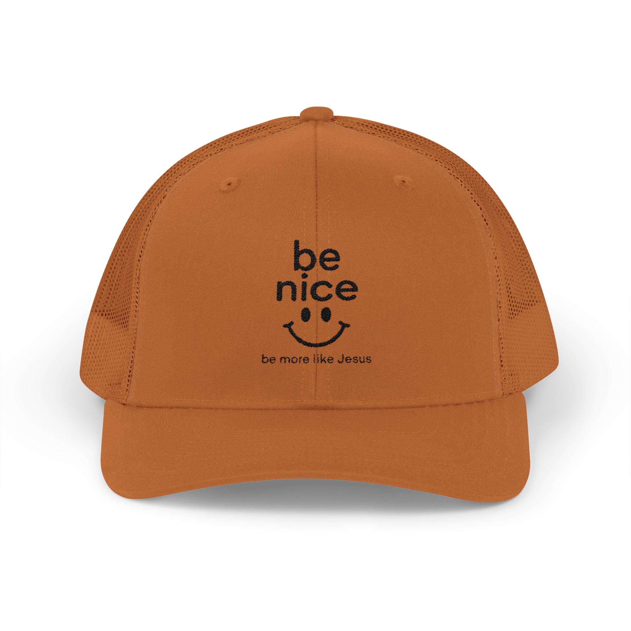 Be Nice Smiley Snapback Trucker Cap — Positive Message Mesh Hat