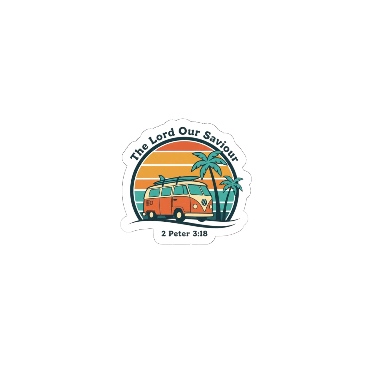 The Lord our Saviour, Vintage VW Camper Sunset Sticker | 70s Retro Palm, Golden Hour Decal
