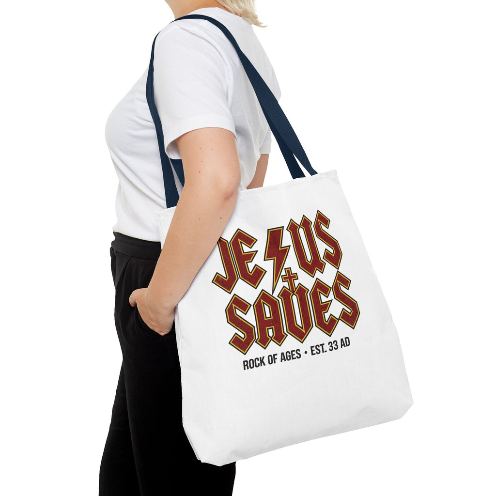 Jesus Saves Tote Bag — Rock of Ages Vintage Christian Tote