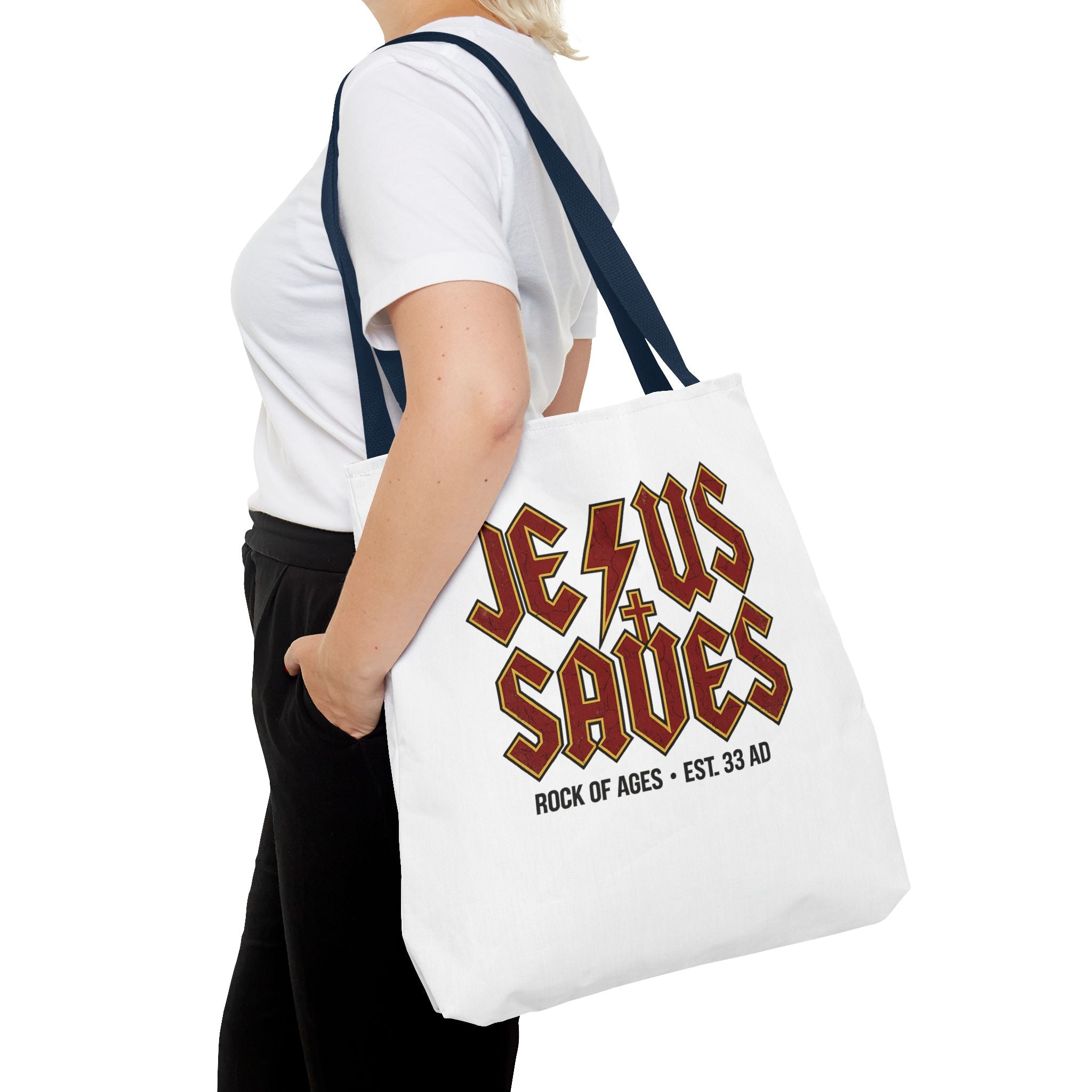 Jesus Saves Tote Bag — Rock of Ages Vintage Christian Tote