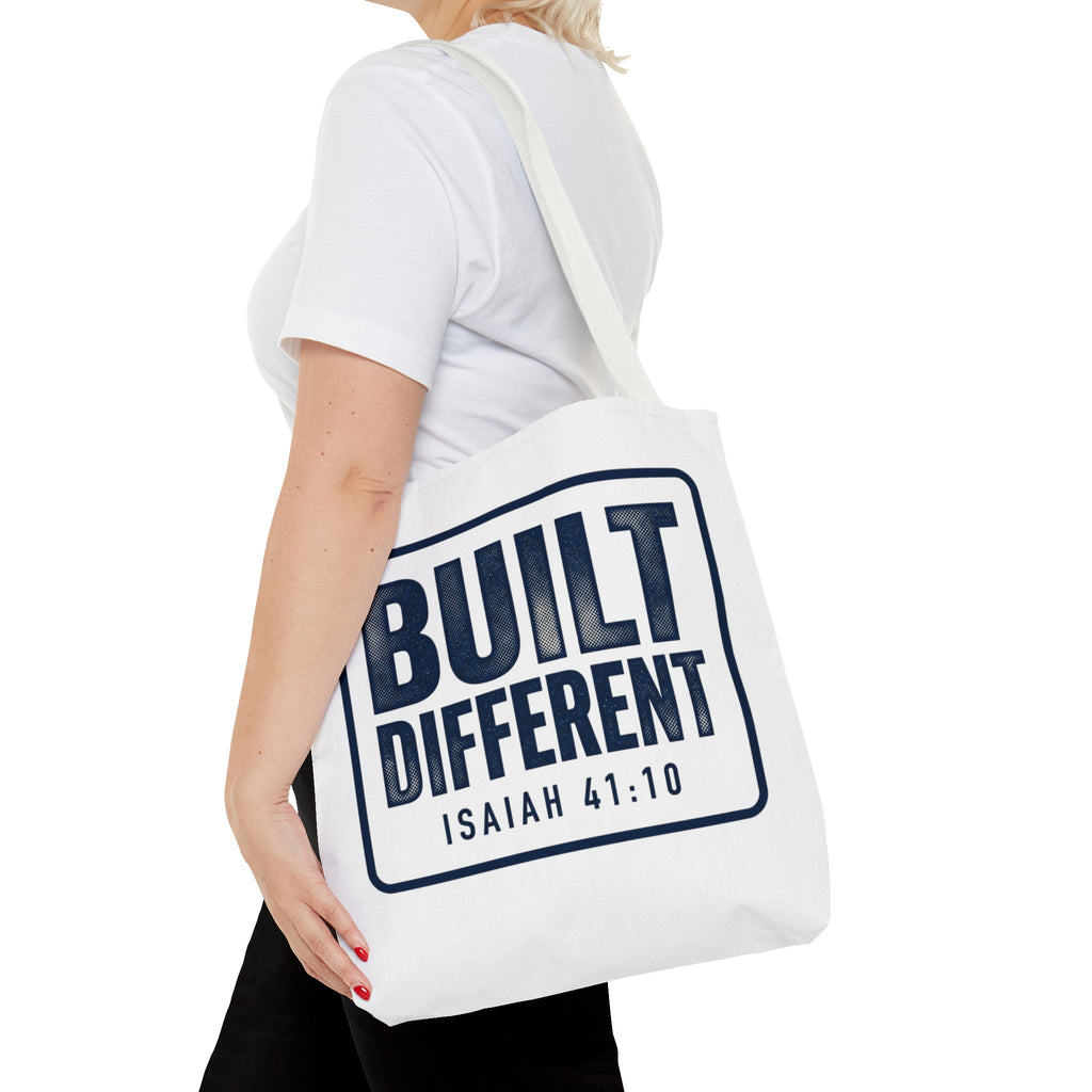 Built Different Tote Bag — Isaiah 41:10 Inspirational Canvas Tote