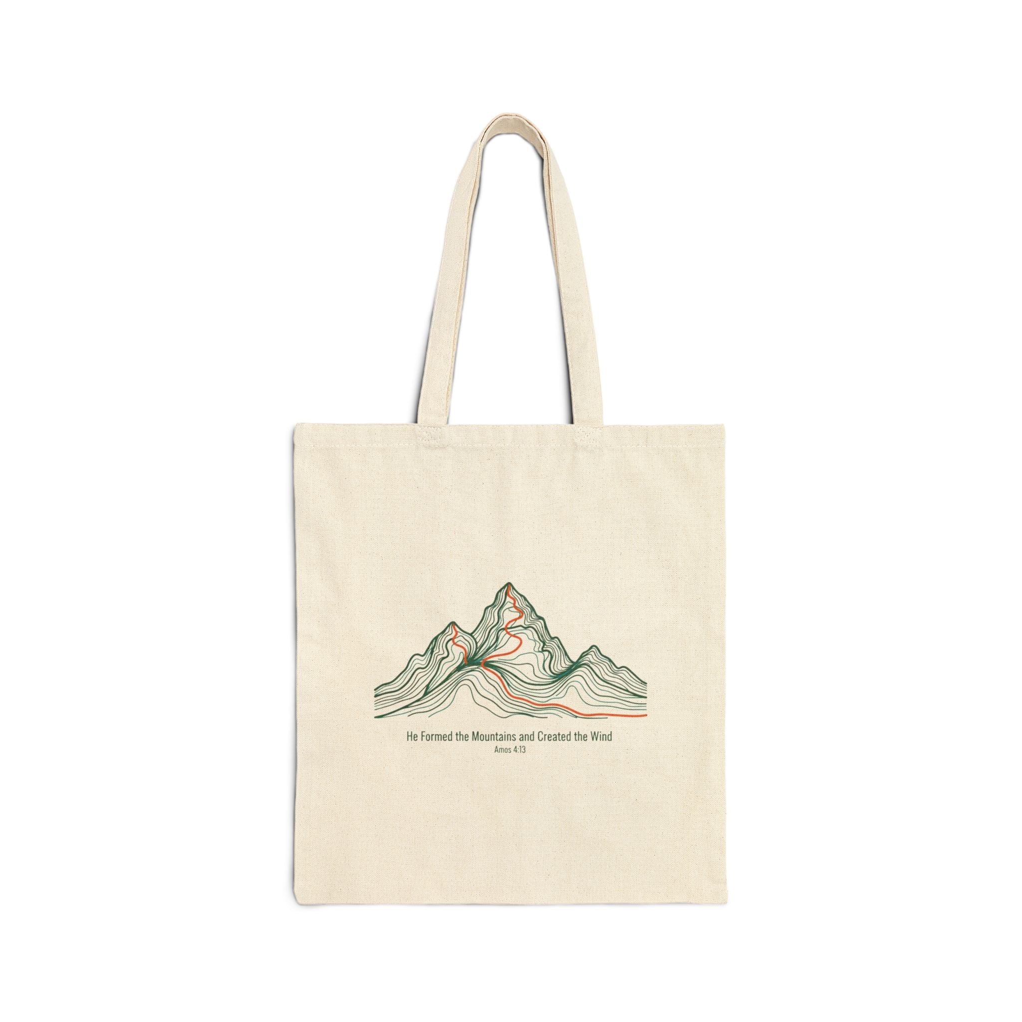 Topographic He Formed the Mountains Tote | topo map print, terrain style
