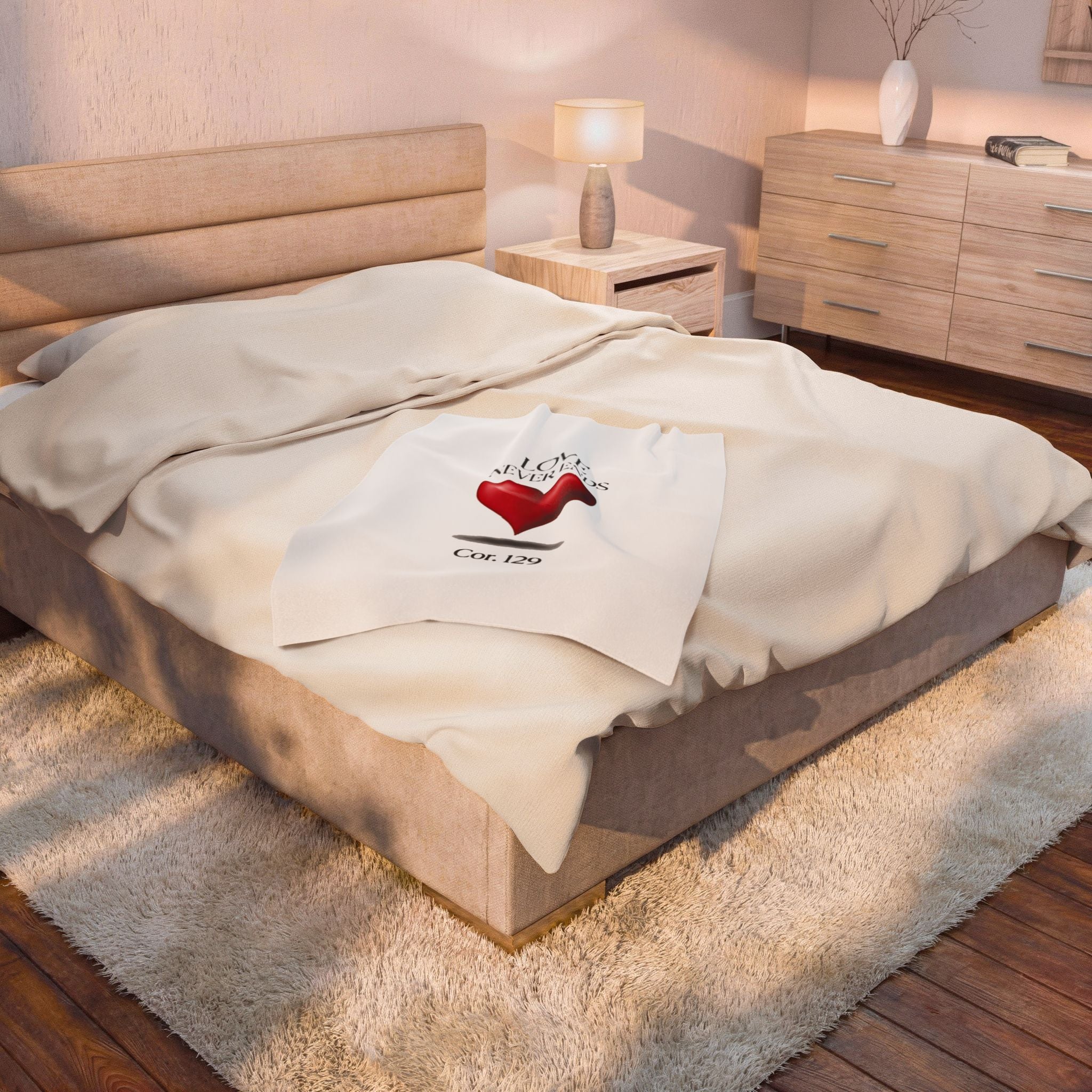 Velveteen Plush Blanket — "Love Never Ends" Heart Design (1 Cor. 13:9)