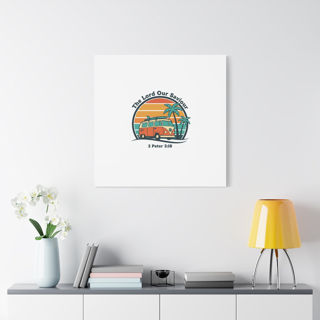The Lord our Saviour, Retro Surf Sunset Canvas | 70s Van Palm Postcard, Analog Sunshine Aesthetic