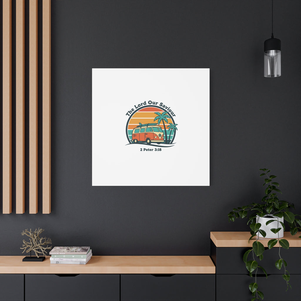 The Lord our Saviour, Retro Surf Sunset Canvas | 70s Van Palm Postcard, Analog Sunshine Aesthetic