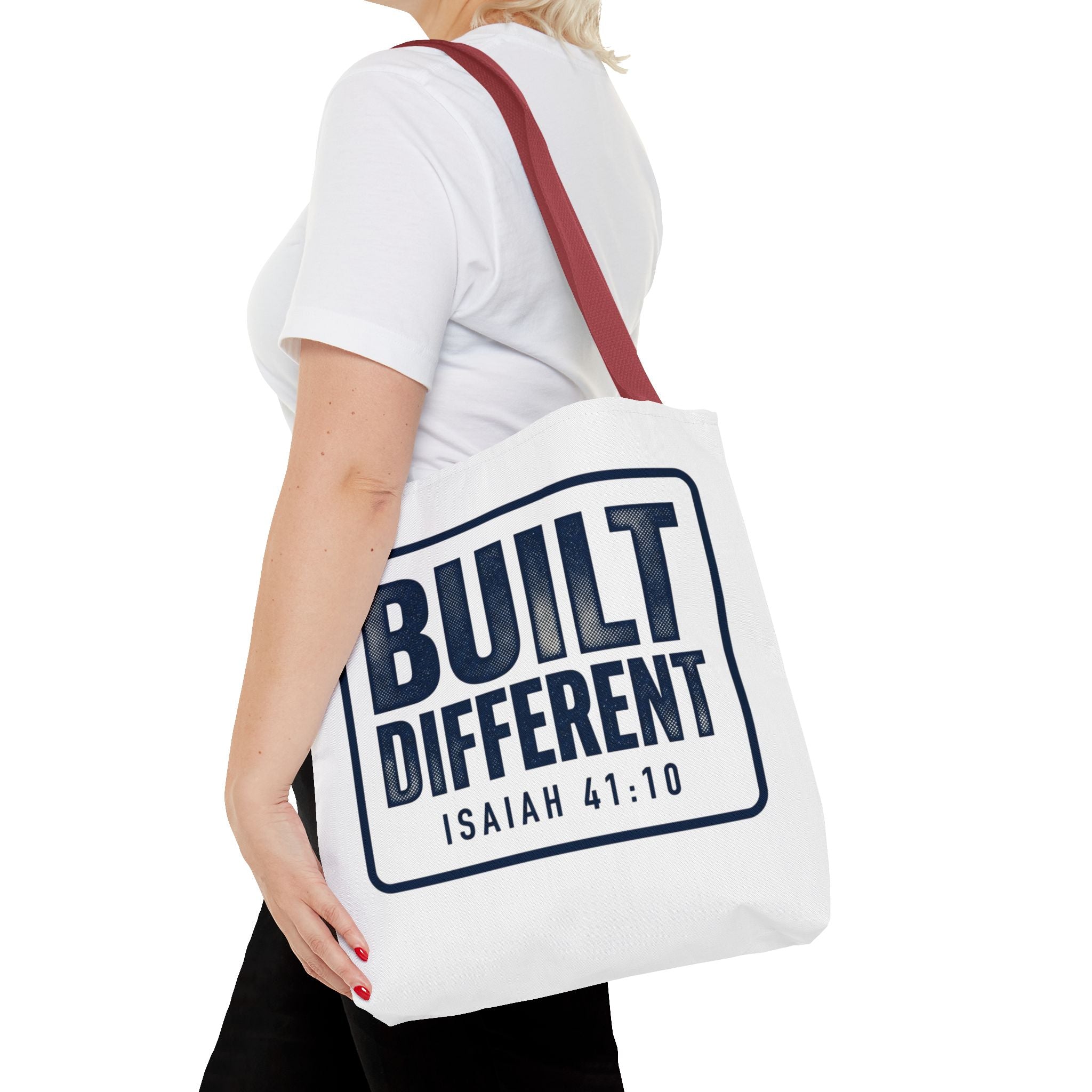Built Different Tote Bag — Isaiah 41:10 Inspirational Canvas Tote