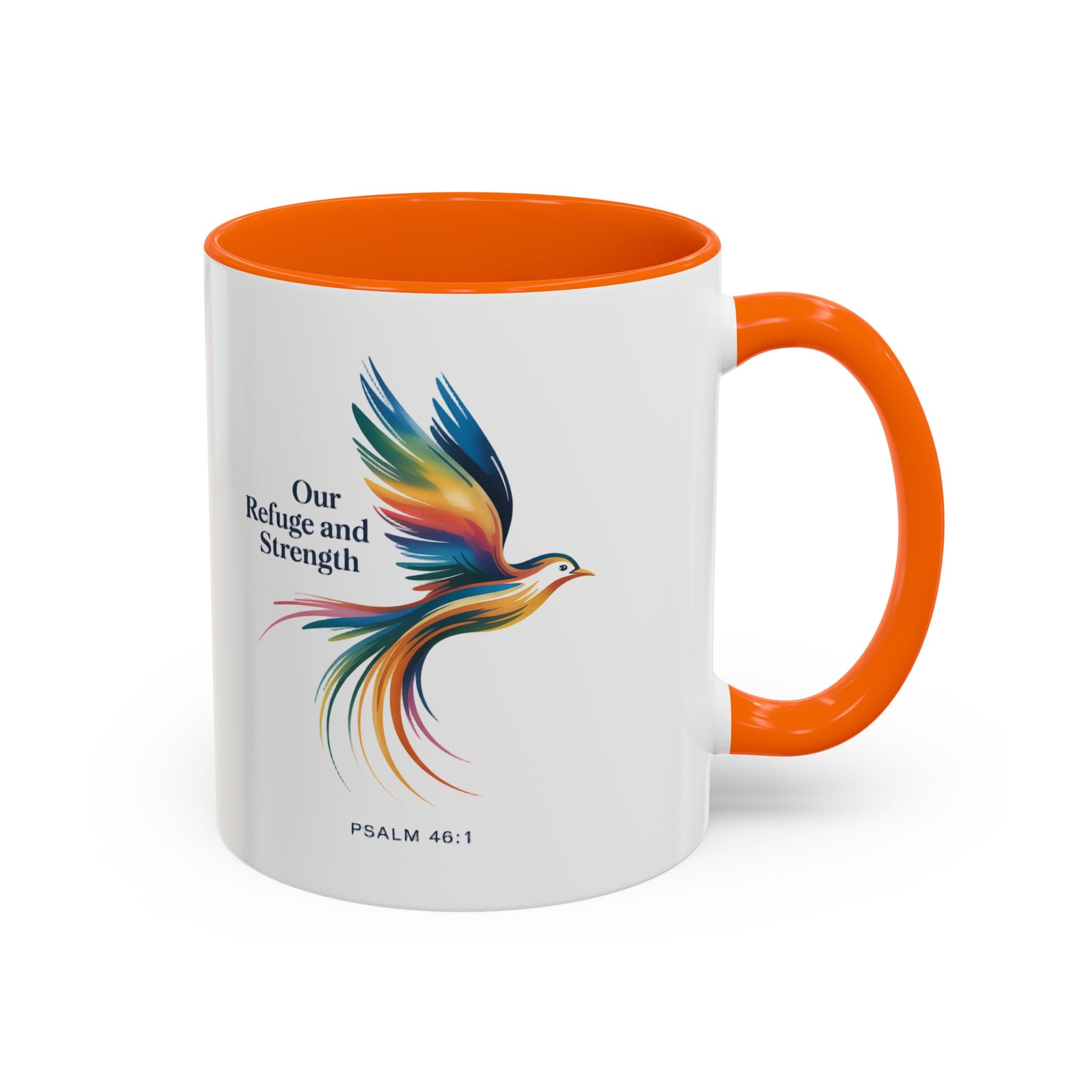 Our Refuge and Strength Accent Coffee Mug — Colorful Bird Psalm Design (11/15 oz)