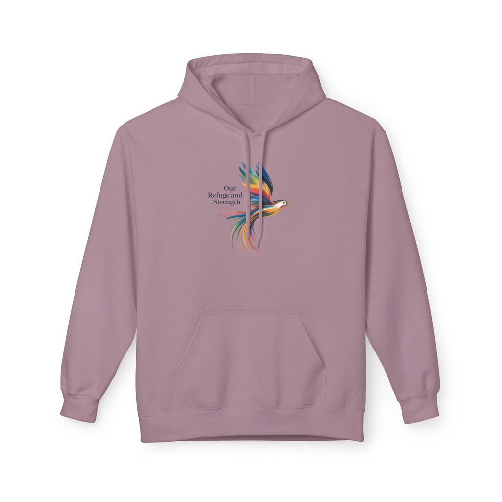 Freedom Sparrow Hoodie — Colorful Bird “One Refuge One Strength” Chest Print