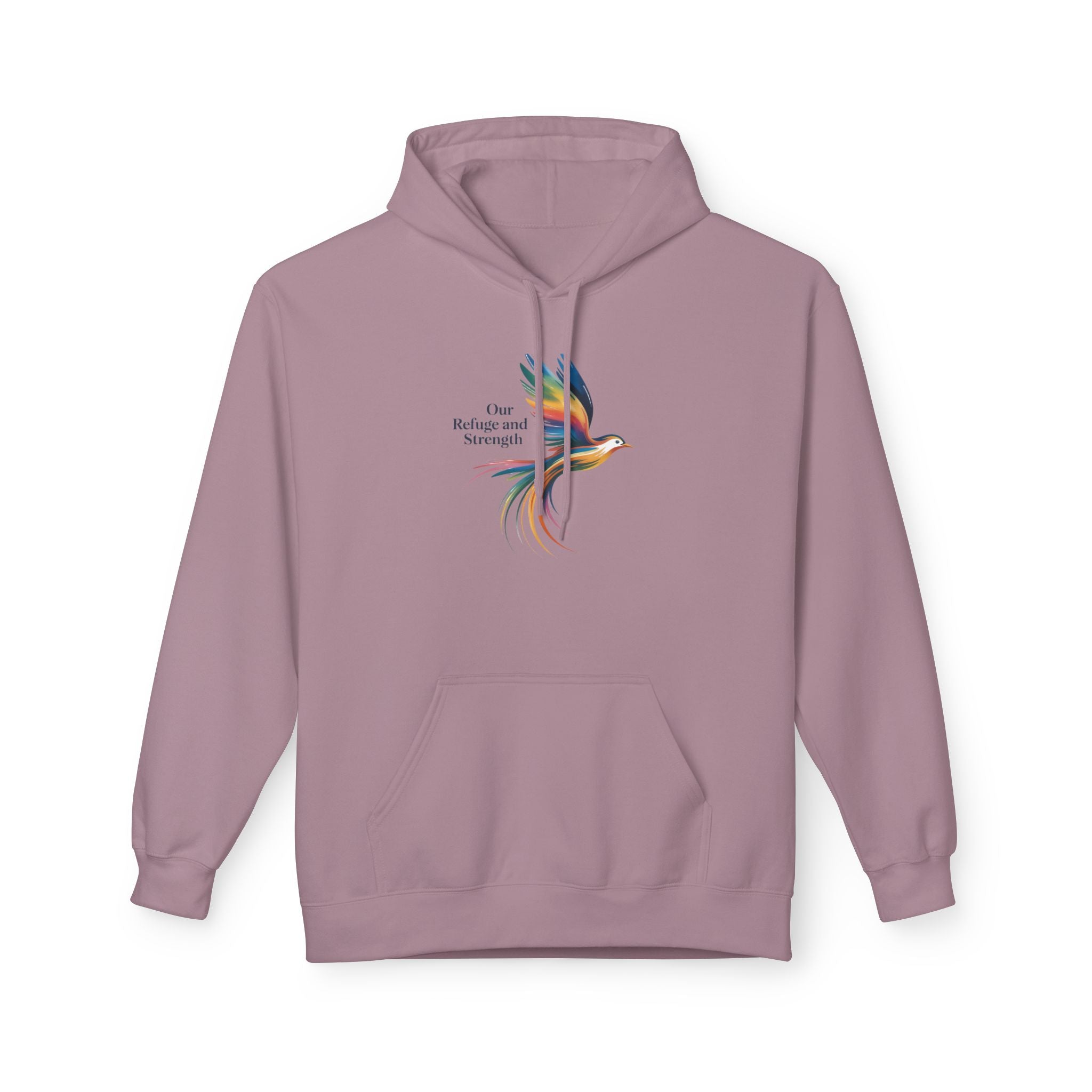Freedom Sparrow Hoodie — Colorful Bird “One Refuge One Strength” Chest Print